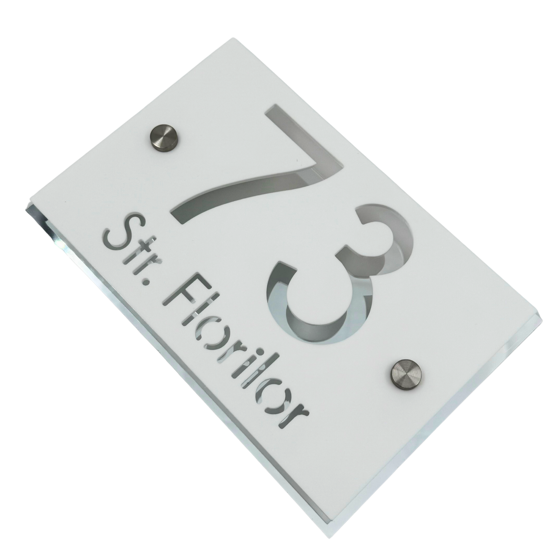 PREMIUM HOUSE NUMBER - White Satin Aluminium Silver Mirror 2 Spacers Silver - 20×13 cm