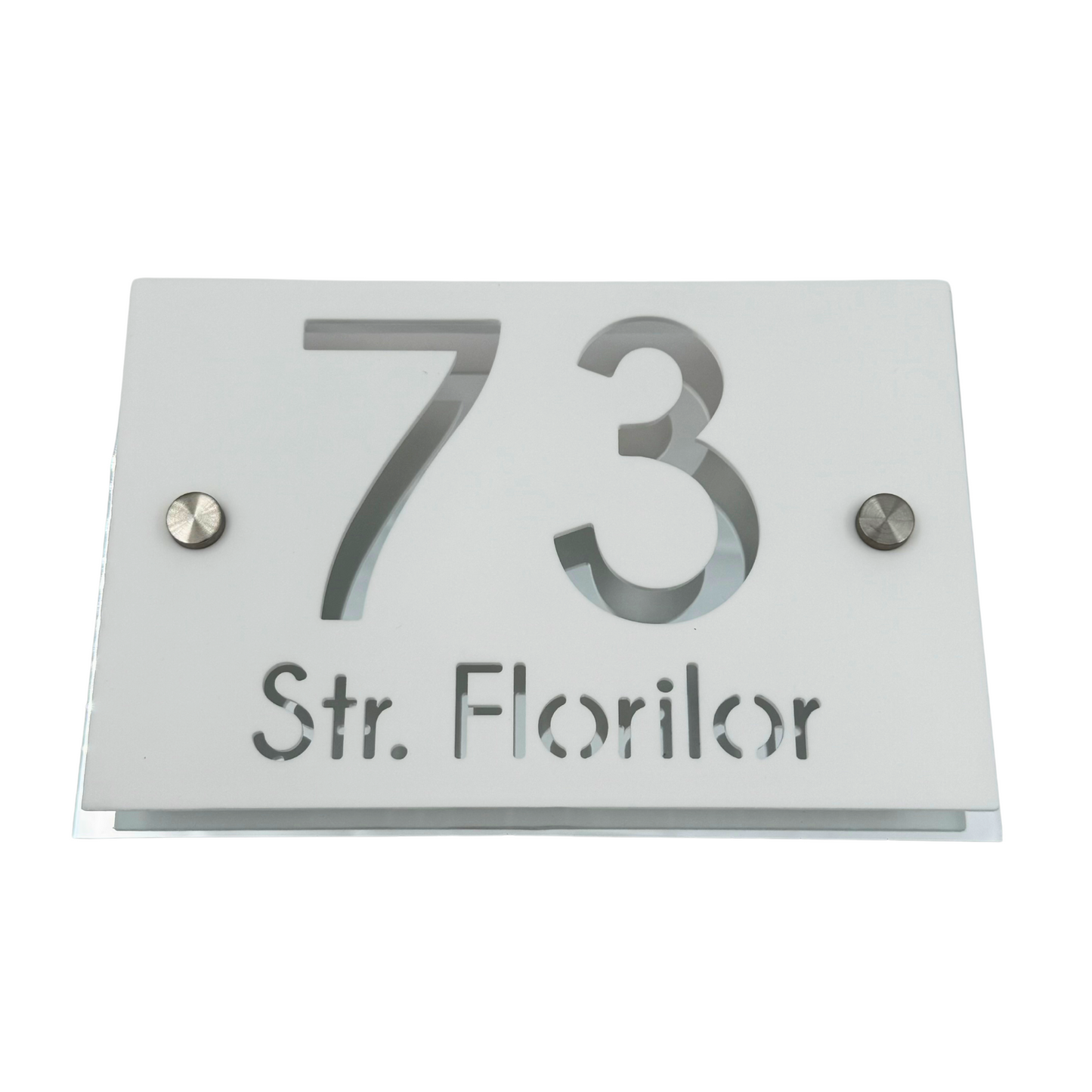 PREMIUM HOUSE NUMBER - White Satin Aluminium Silver Mirror 2 Spacers Silver - 20×13 cm