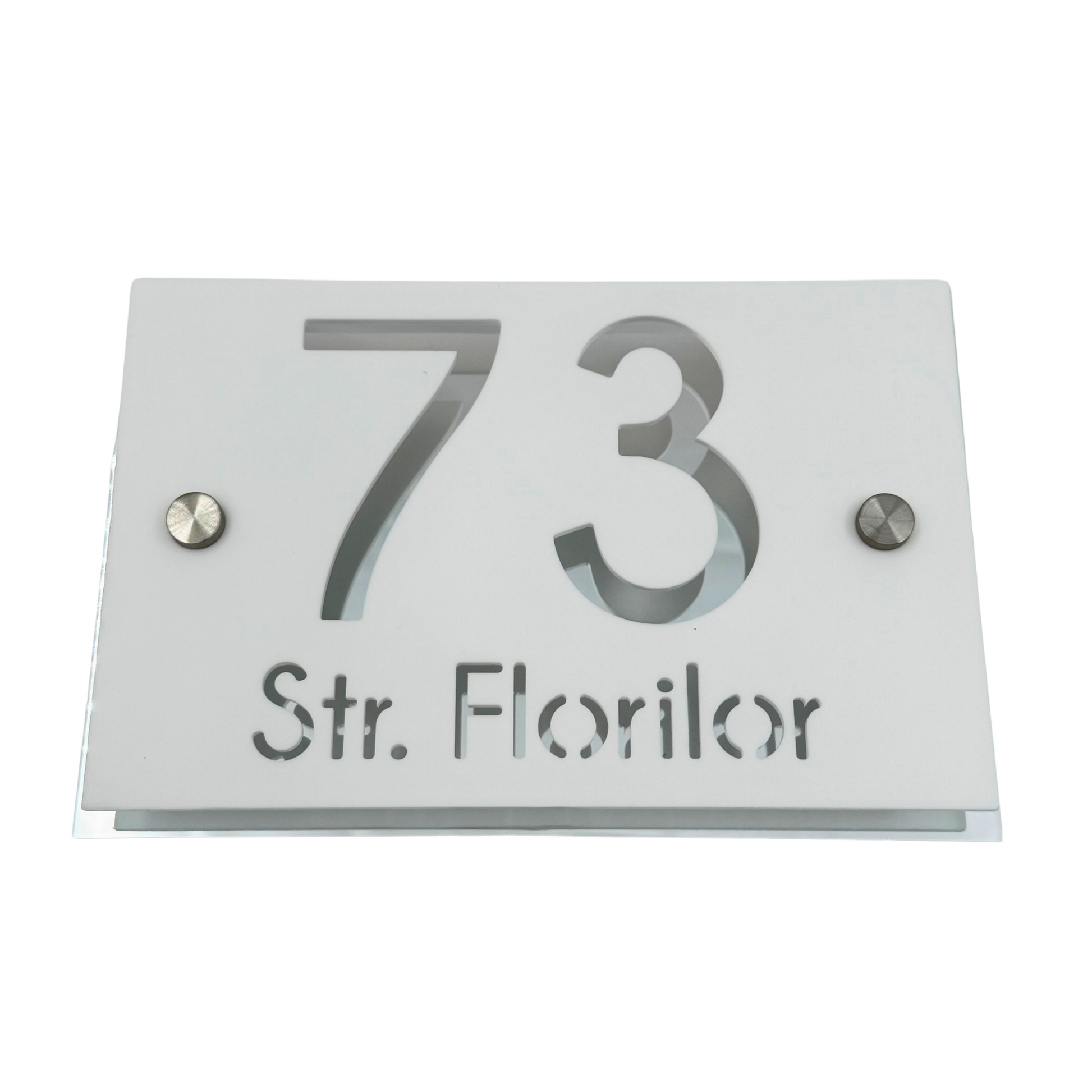 PREMIUM HOUSE NUMBER - White Satin Aluminium Silver Mirror 2 Spacers Silver - 20×13 cm