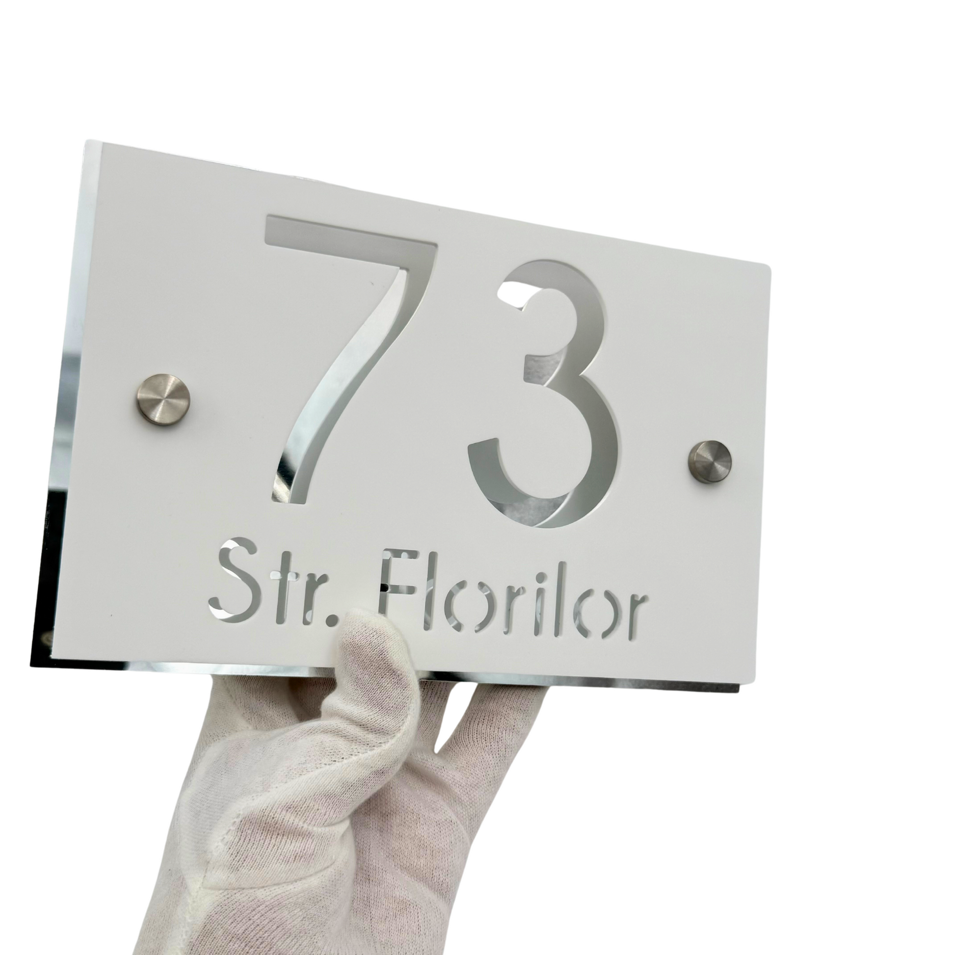 PREMIUM HOUSE NUMBER - White Satin Aluminium Silver Mirror 2 Spacers Silver - 20×13 cm