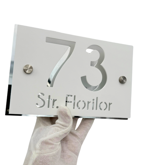 PREMIUM HOUSE NUMBER - White Satin Aluminium Silver Mirror 2 Spacers Silver - 20×13 cm