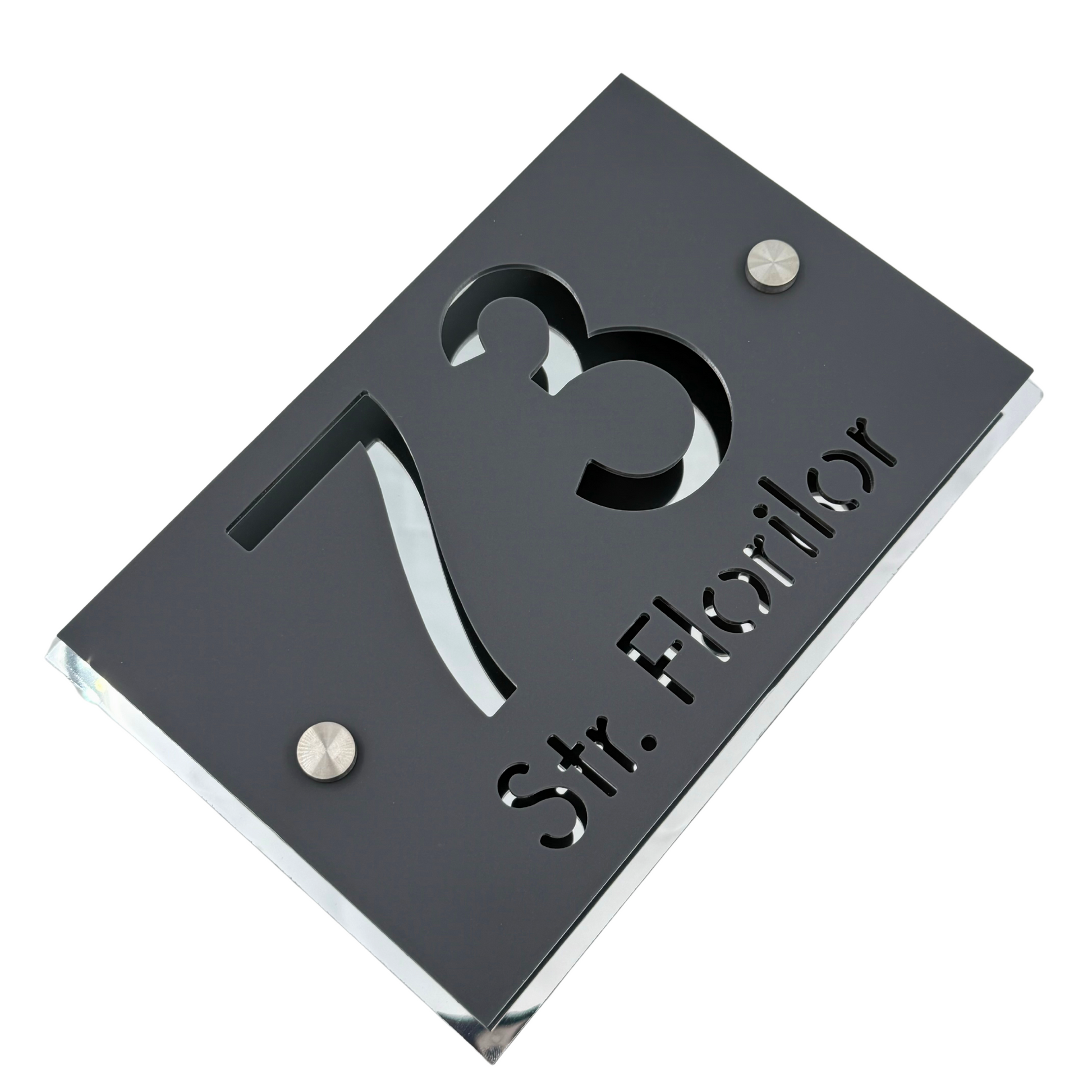 PREMIUM HOUSE NUMBER - Satin Grey Aluminium Silver Mirror 2 Spacers Silver - 20×13 cm