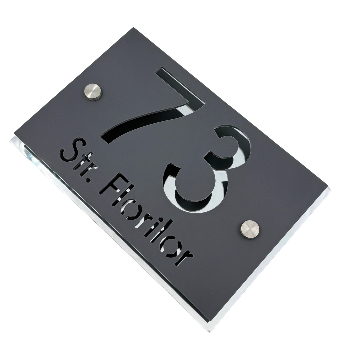 PREMIUM HOUSE NUMBER - Satin Grey Aluminium Silver Mirror 2 Spacers Silver - 20×13 cm