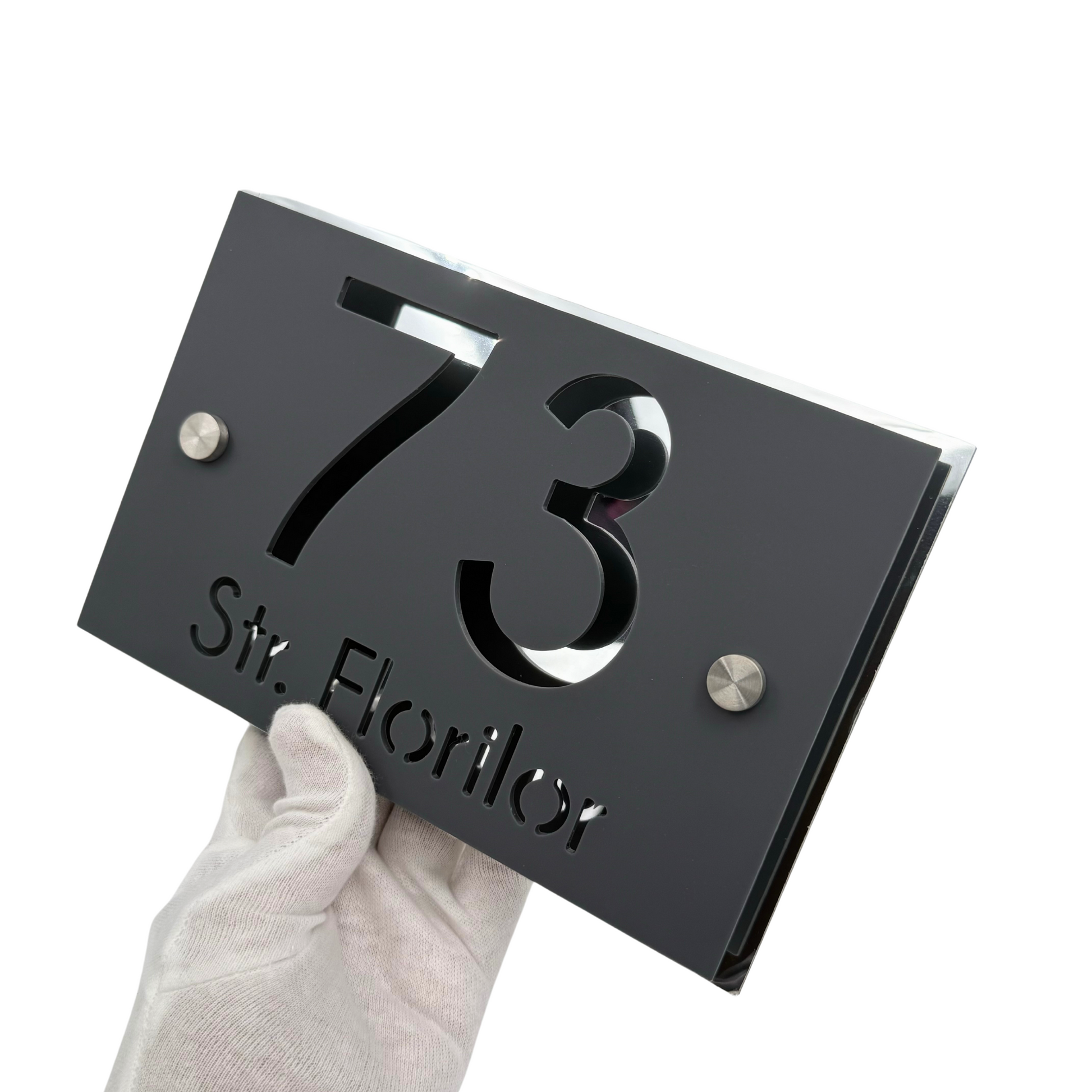 PREMIUM HOUSE NUMBER - Satin Grey Aluminium Silver Mirror 2 Spacers Silver - 20×13 cm