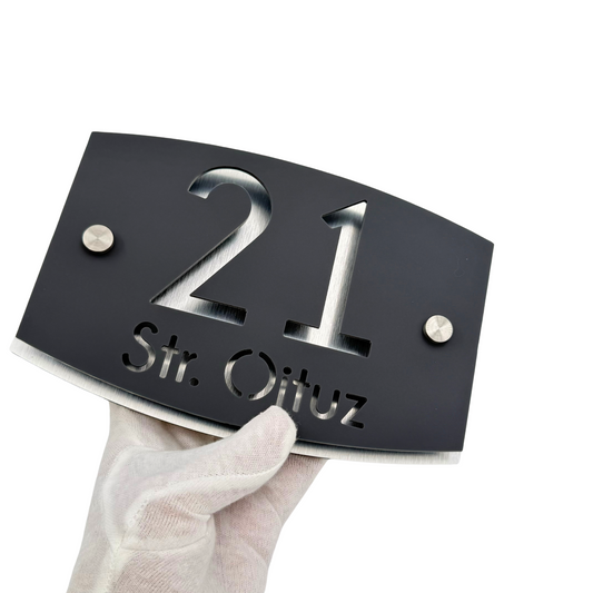 PREMIUM HOUSE NUMBER - Satin Grey Aluminium Pearly 2 Spacers Silver - 20×13 cm