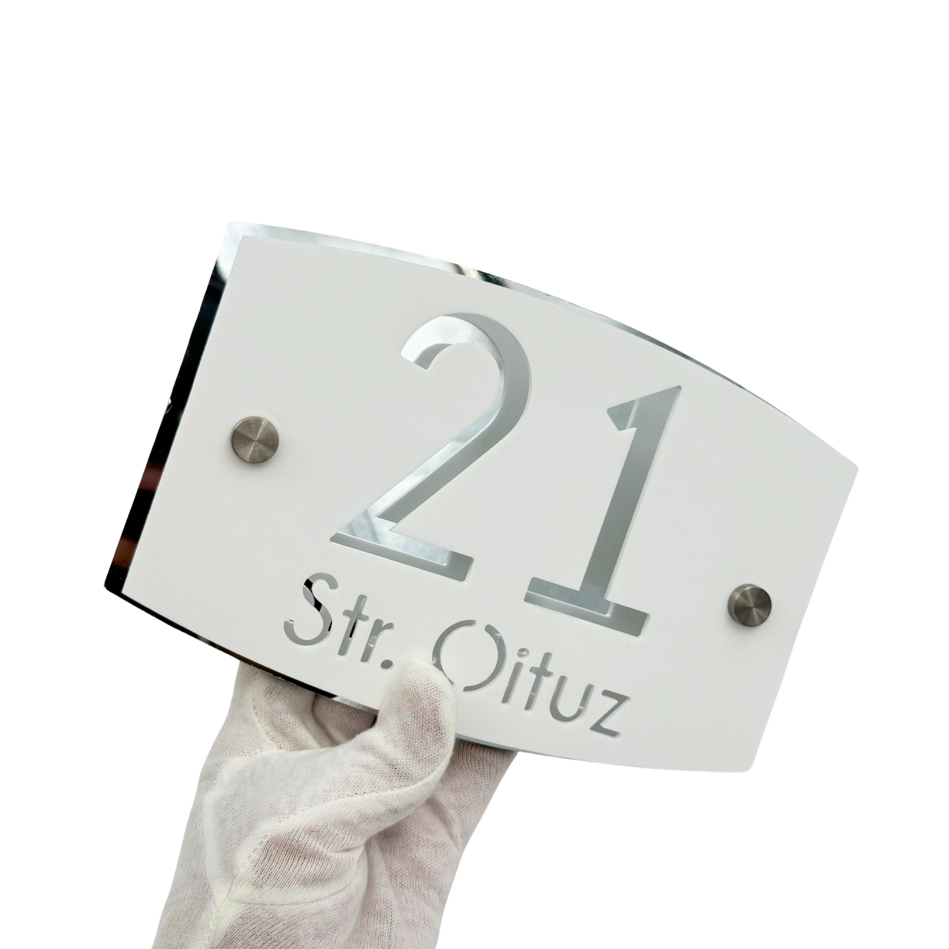 PREMIUM HOUSE NUMBER - White Satin Aluminium Silver Mirror 2 Spacers Silver - 20×13 cm