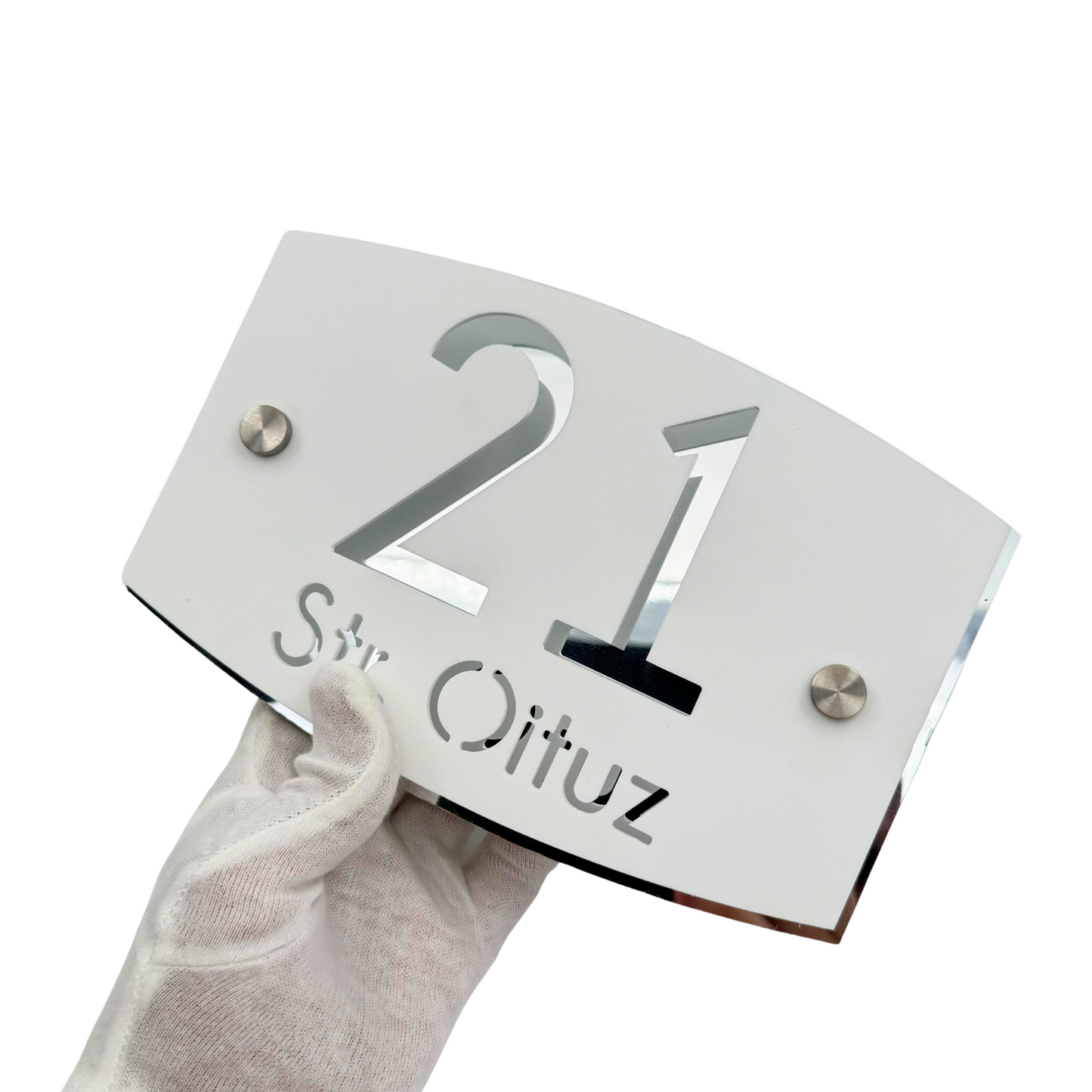 PREMIUM HOUSE NUMBER - White Satin Aluminium Silver Mirror 2 Spacers Silver - 20×13 cm