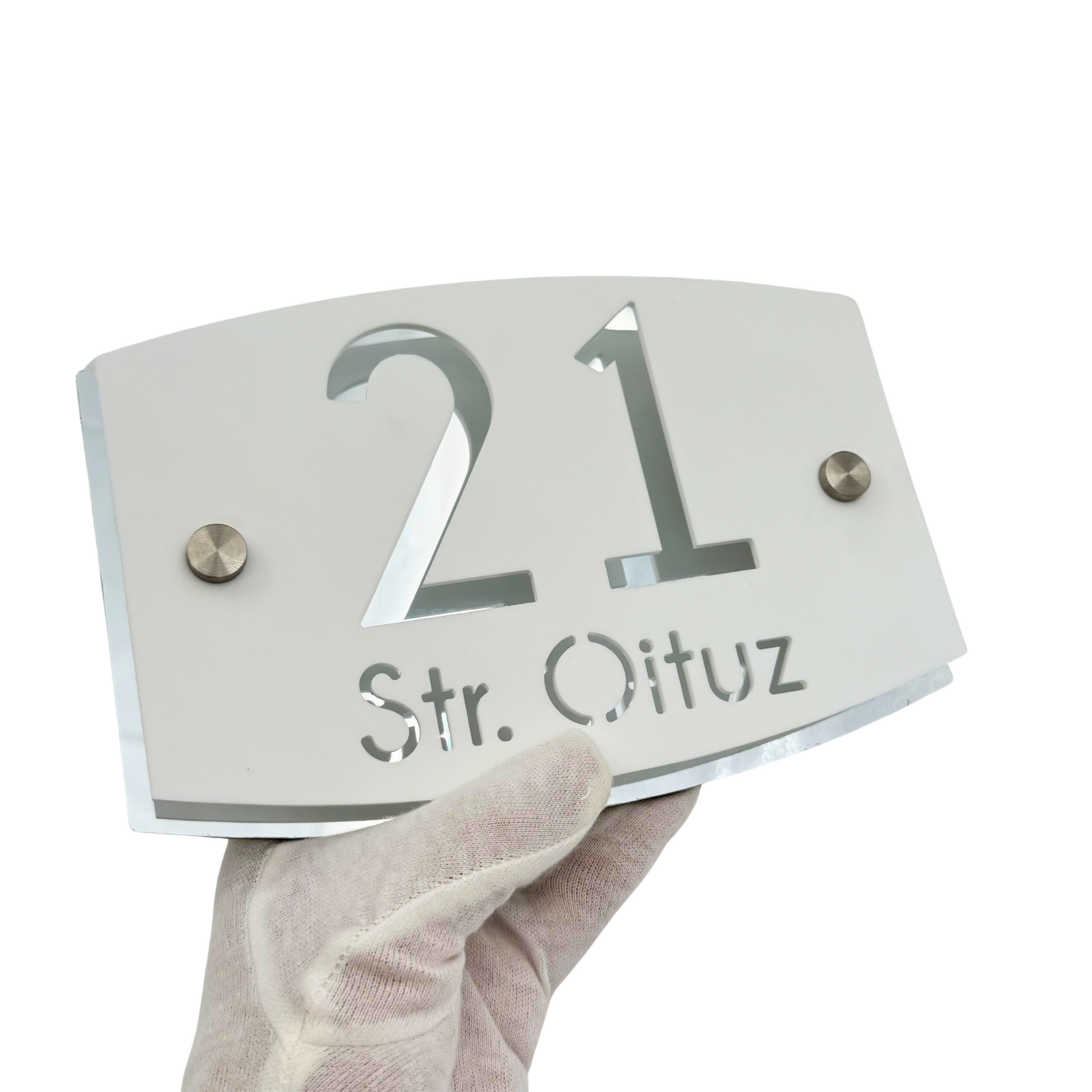 PREMIUM HOUSE NUMBER - White Satin Aluminium Silver Mirror 2 Spacers Silver - 20×13 cm