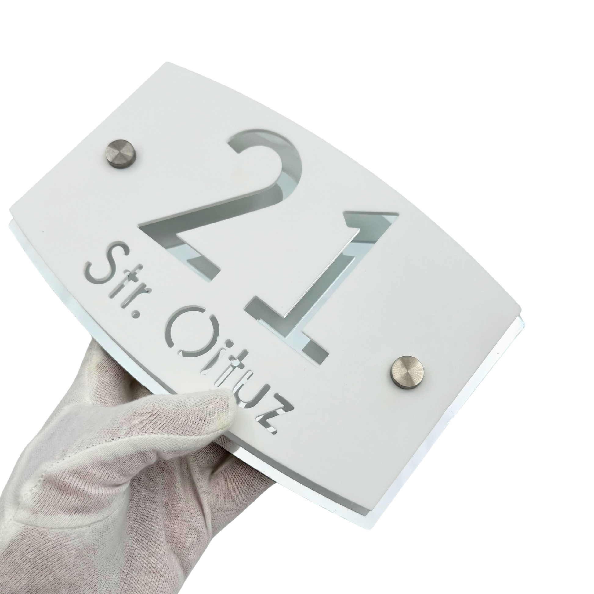 PREMIUM HOUSE NUMBER - White Satin Aluminium Silver Mirror 2 Spacers Silver - 20×13 cm