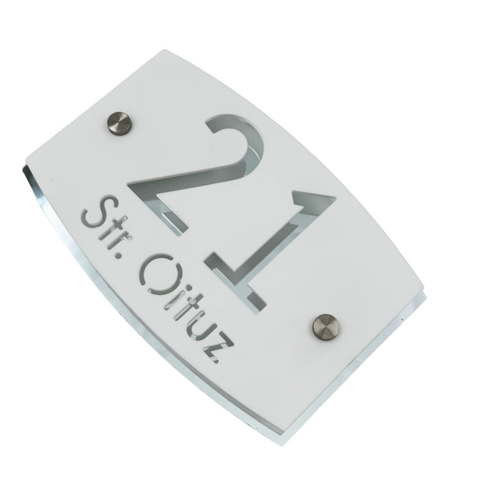 PREMIUM HOUSE NUMBER - White Satin Aluminium Silver Mirror 2 Spacers Silver - 20×13 cm