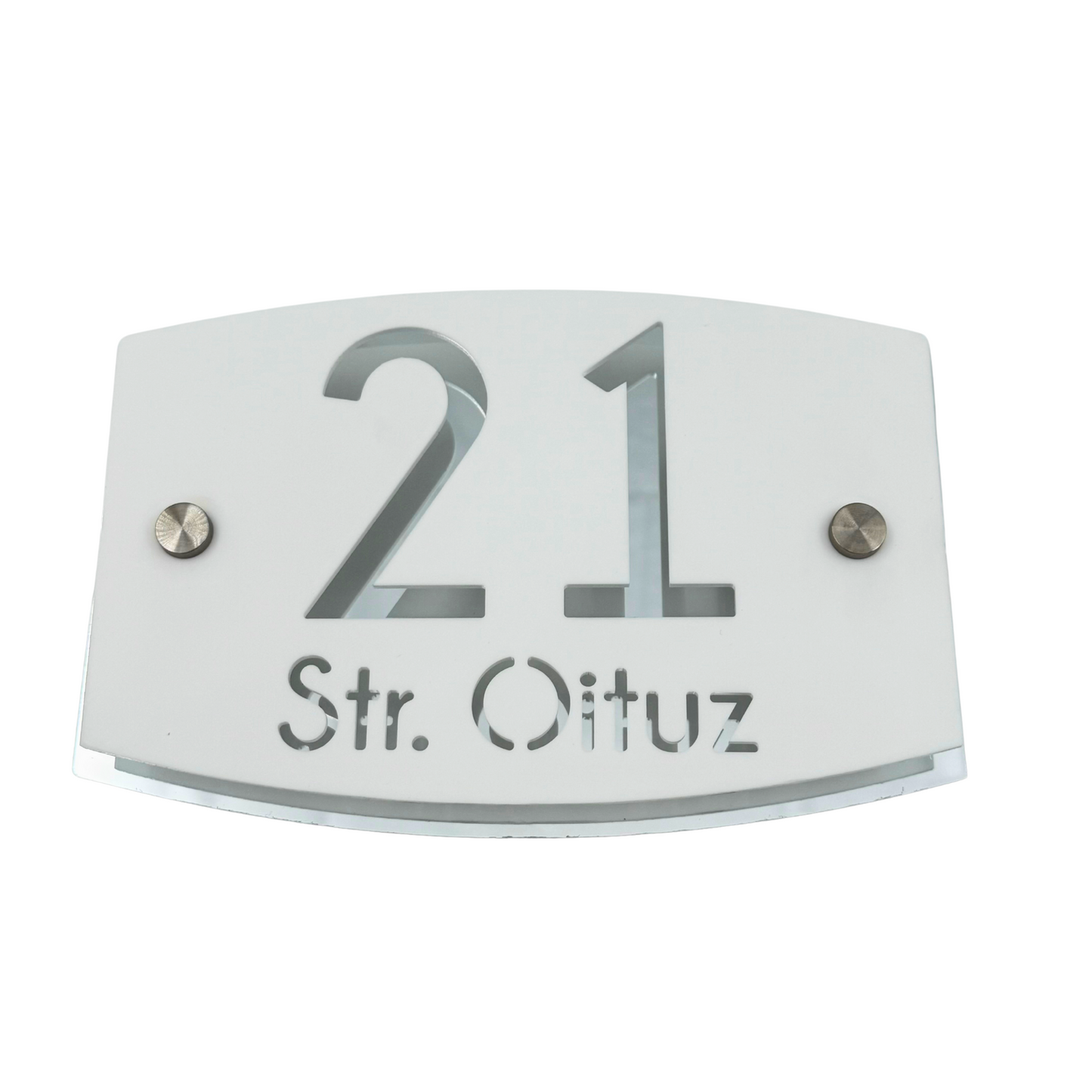 PREMIUM HOUSE NUMBER - White Satin Aluminium Silver Mirror 2 Spacers Silver - 20×13 cm