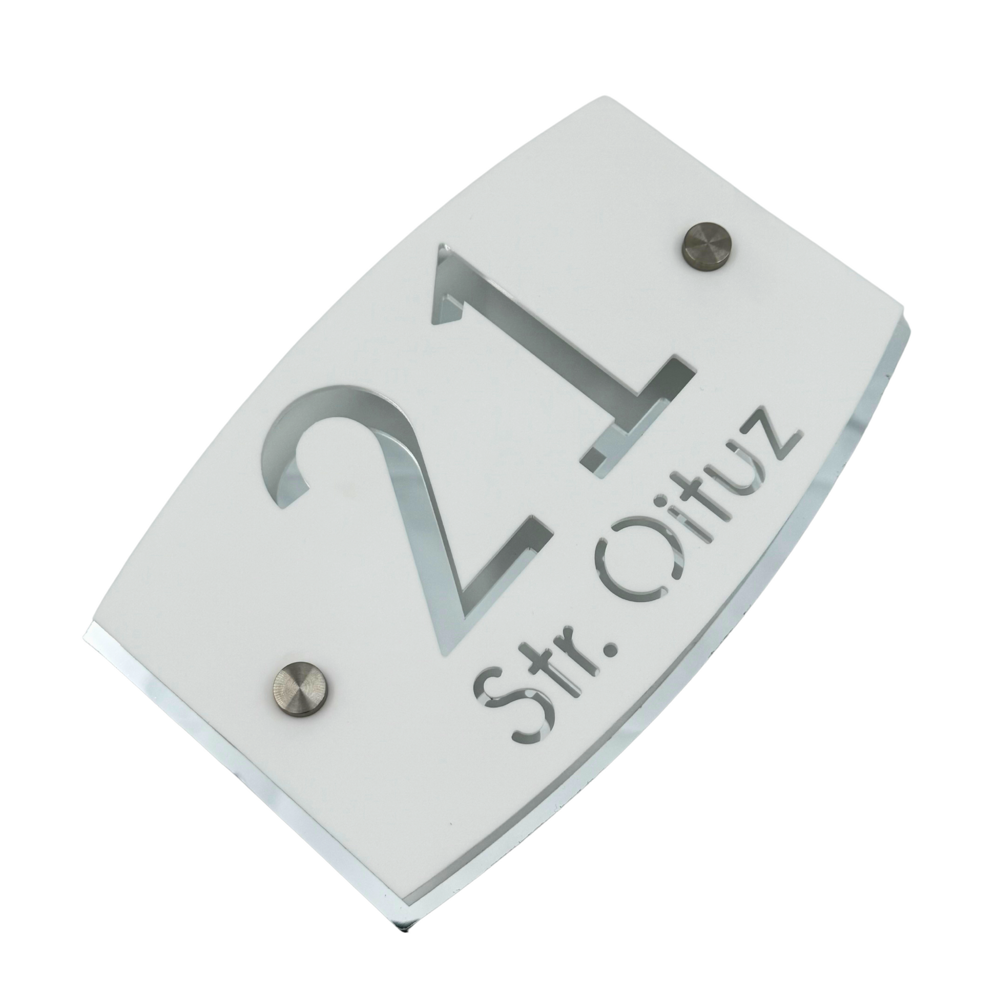 PREMIUM HOUSE NUMBER - White Satin Aluminium Silver Mirror 2 Spacers Silver - 20×13 cm