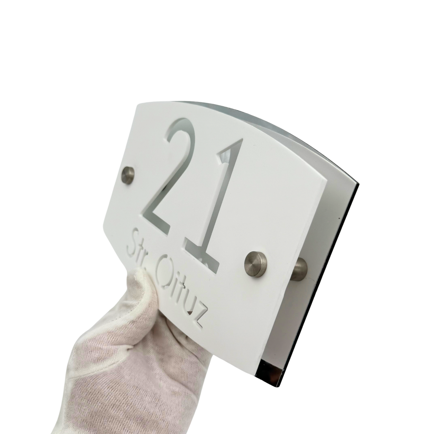 PREMIUM HOUSE NUMBER - White Satin Aluminium Silver Mirror 2 Spacers Silver - 20×13 cm