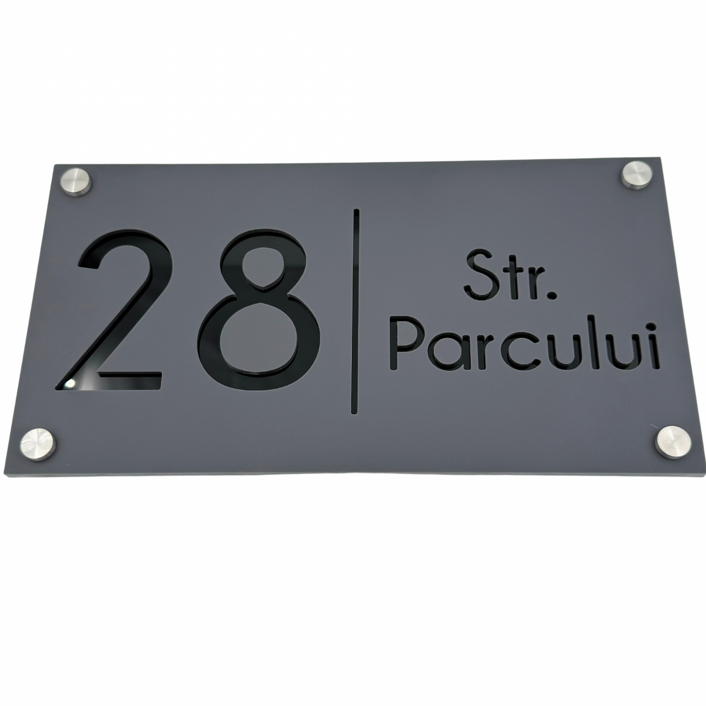 PREMIUM HOUSE NUMBER - Satin Grey Glossy Black 4 Spacers Silver - 28×15 cm