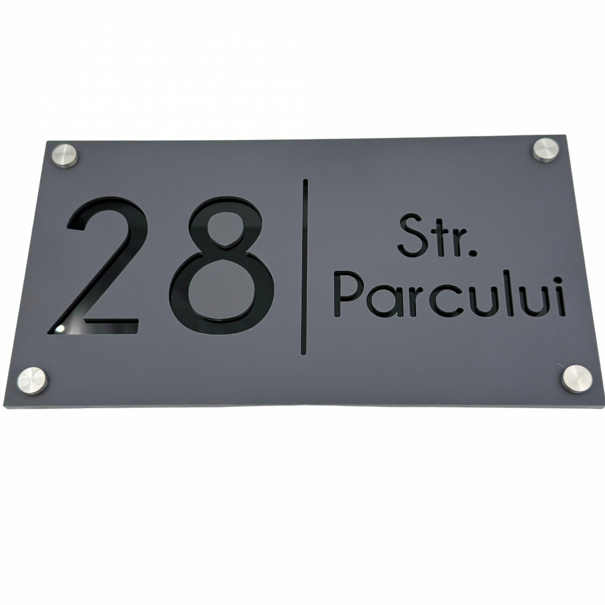 PREMIUM HOUSE NUMBER - Satin Grey Glossy Black 4 Spacers Silver - 28×15 cm
