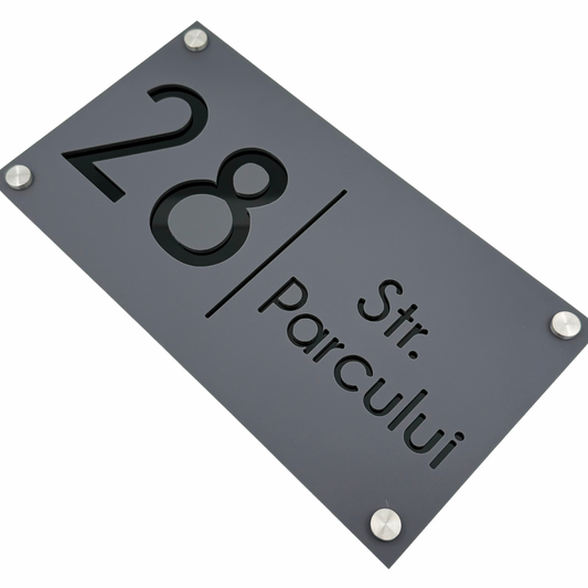 PREMIUM HOUSE NUMBER - Satin Grey Glossy Black 4 Spacers Silver - 28×15 cm