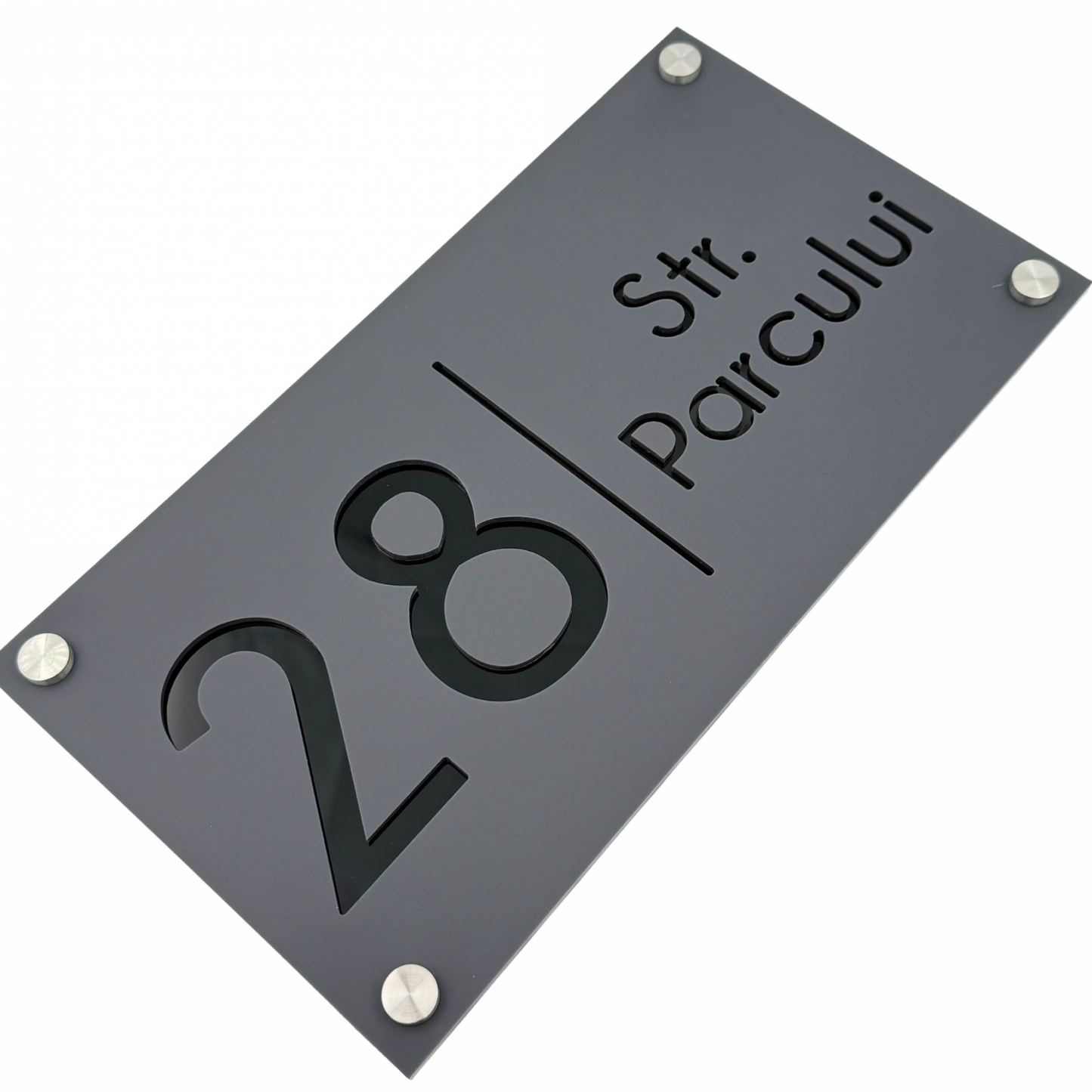 PREMIUM HOUSE NUMBER - Satin Grey Glossy Black 4 Spacers Silver - 28×15 cm