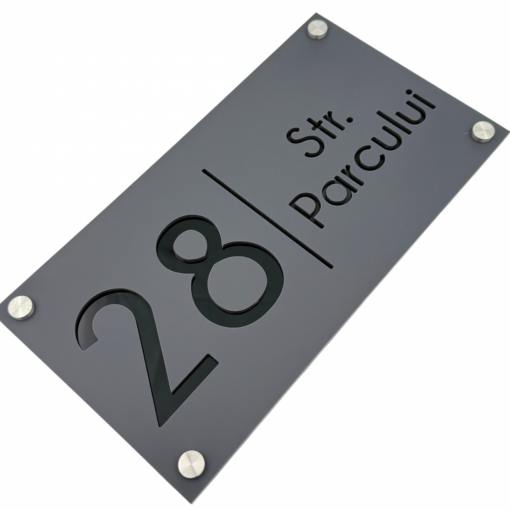 PREMIUM HOUSE NUMBER - Satin Grey Glossy Black 4 Spacers Silver - 28×15 cm