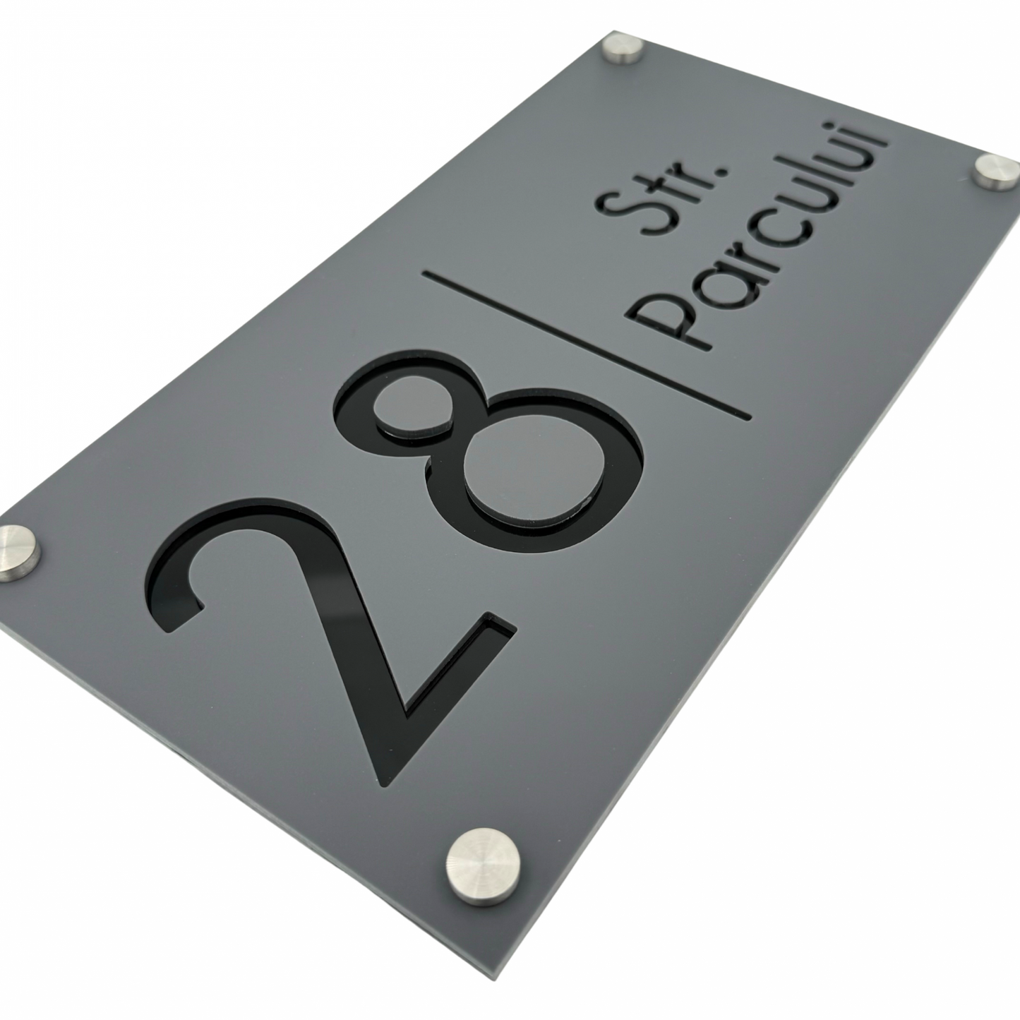 PREMIUM HOUSE NUMBER - Satin Grey Glossy Black 4 Spacers Silver - 28×15 cm