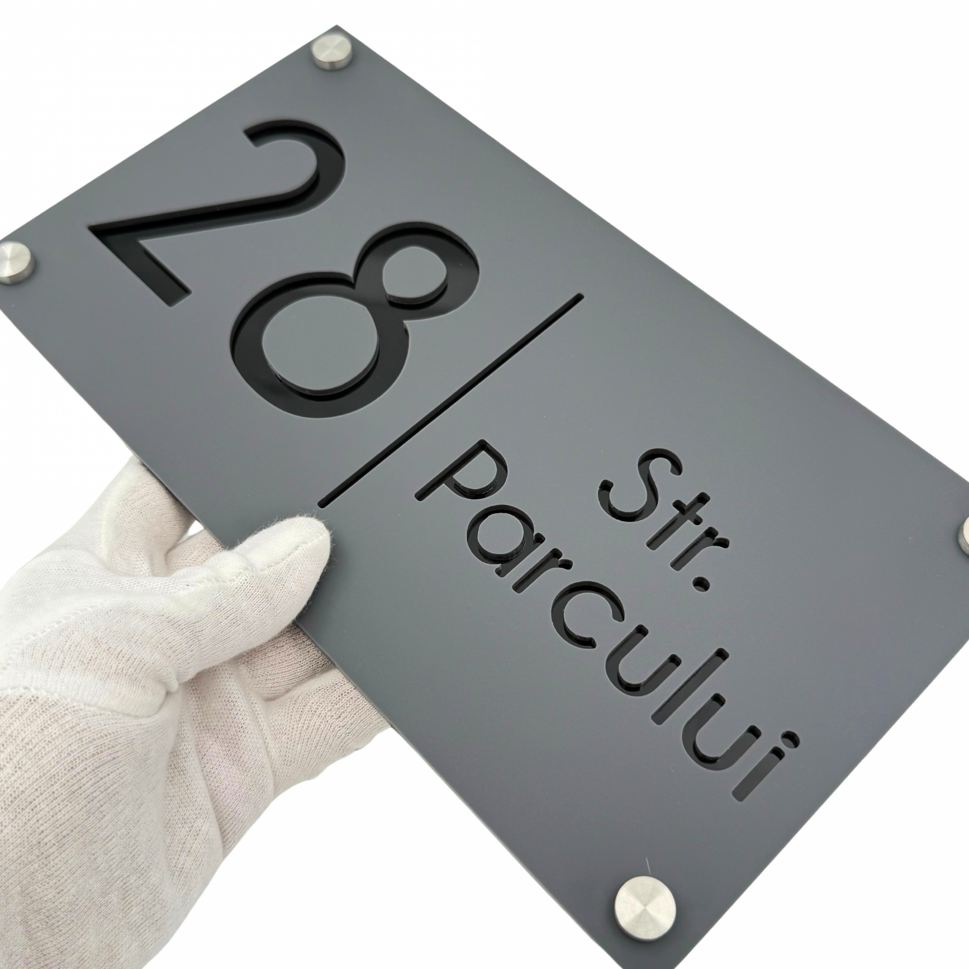 PREMIUM HOUSE NUMBER - Satin Grey Glossy Black 4 Spacers Silver - 28×15 cm