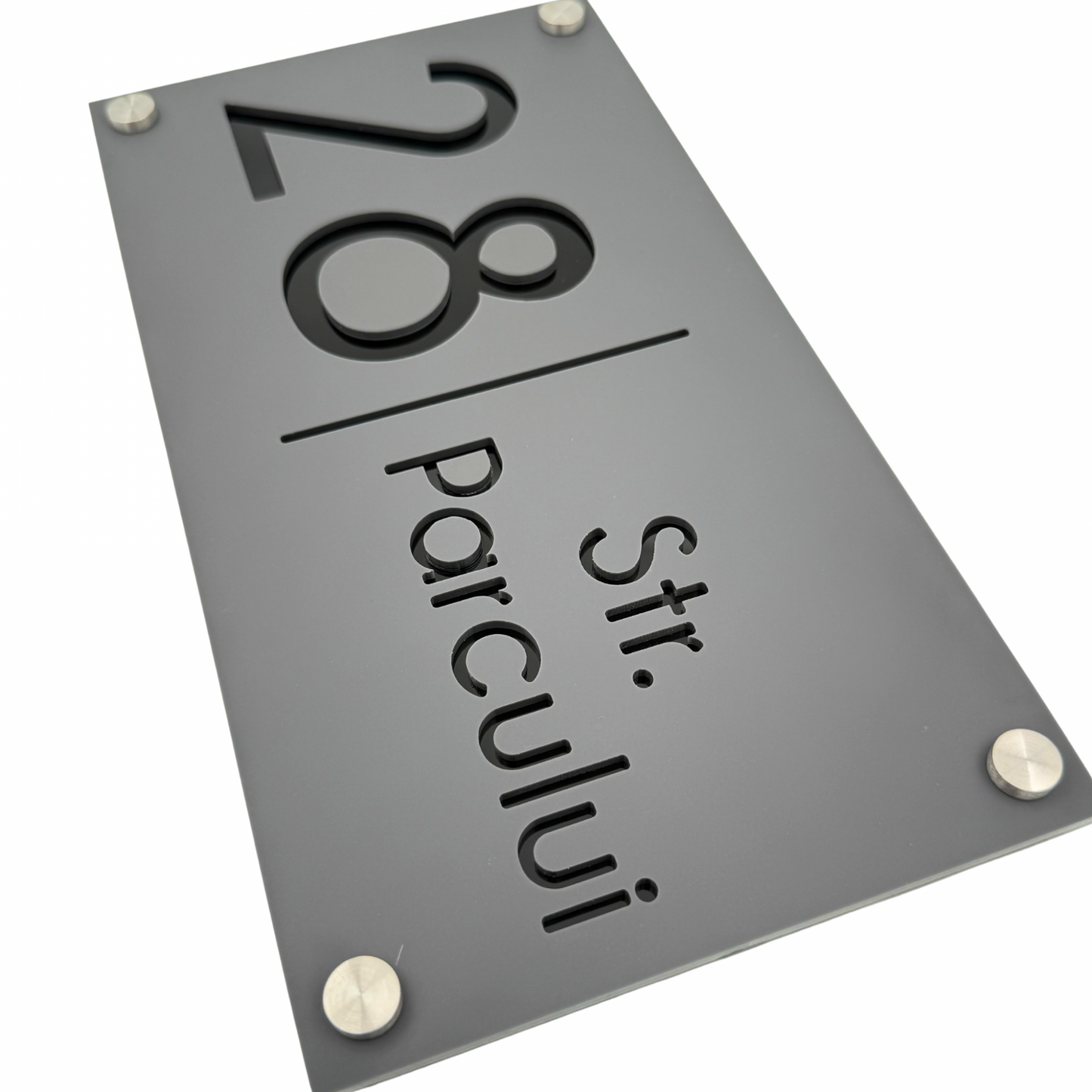PREMIUM HOUSE NUMBER - Satin Grey Glossy Black 4 Spacers Silver - 28×15 cm