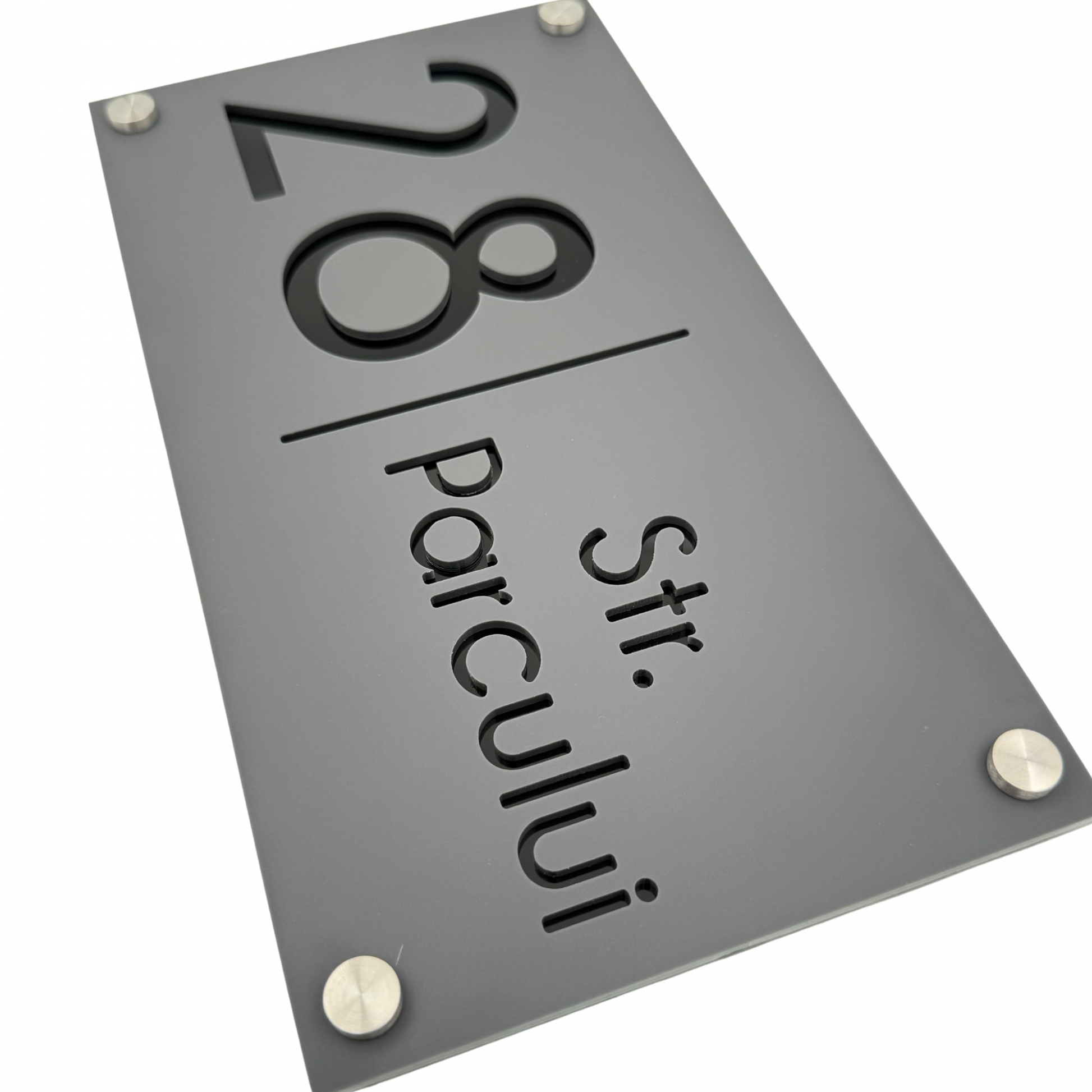 PREMIUM HOUSE NUMBER - Satin Grey Glossy Black 4 Spacers Silver - 28×15 cm