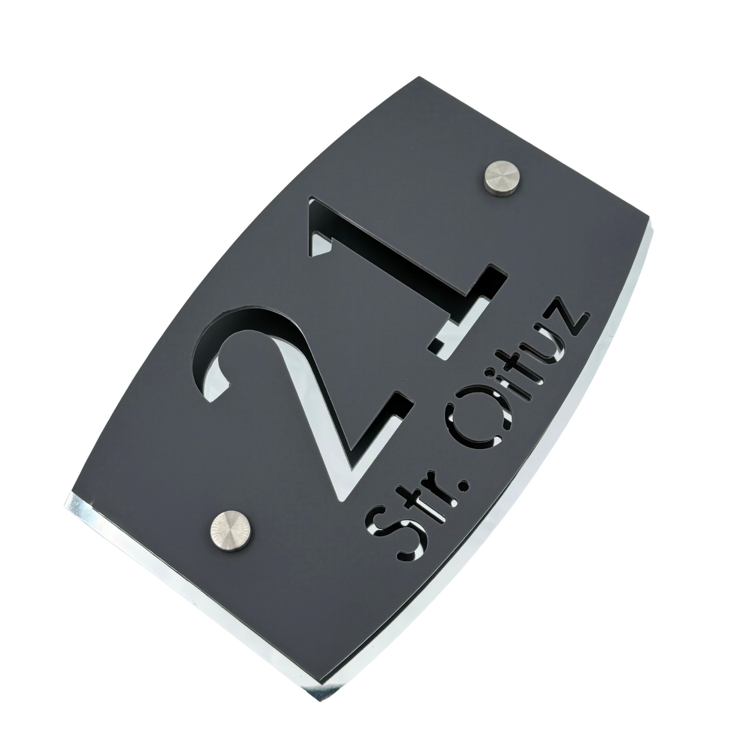 PREMIUM HOUSE NUMBER - Satin Grey Aluminium Silver Mirror 2 Spacers Silver - 20×13 cm