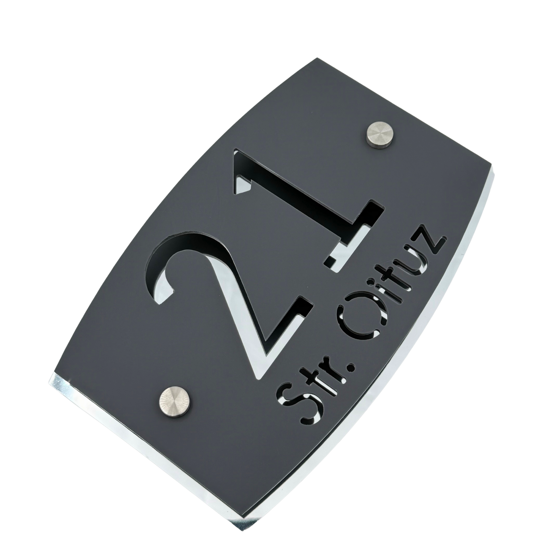 PREMIUM HOUSE NUMBER - Satin Grey Aluminium Silver Mirror 2 Spacers Silver - 20×13 cm