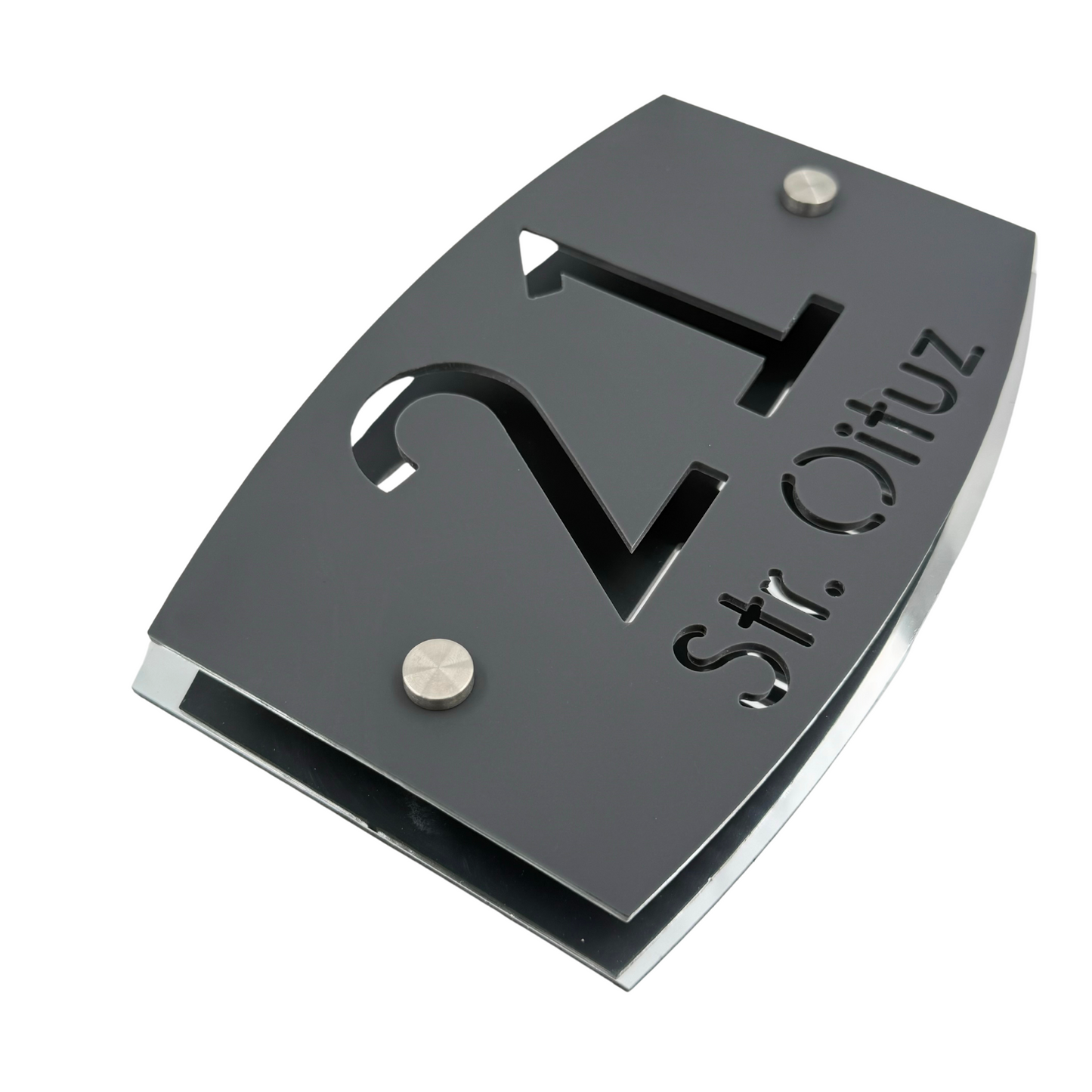 PREMIUM HOUSE NUMBER - Satin Grey Aluminium Silver Mirror 2 Spacers Silver - 20×13 cm