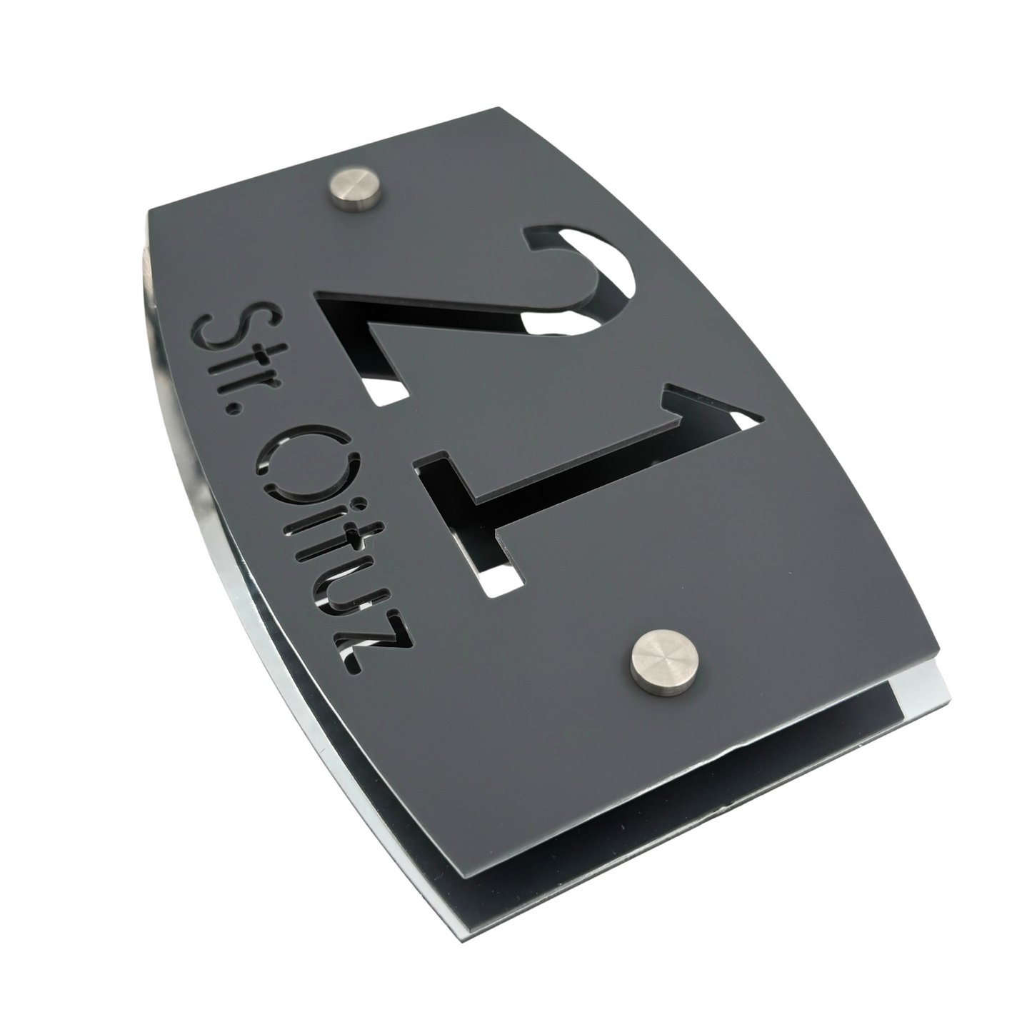 PREMIUM HOUSE NUMBER - Satin Grey Aluminium Silver Mirror 2 Spacers Silver - 20×13 cm