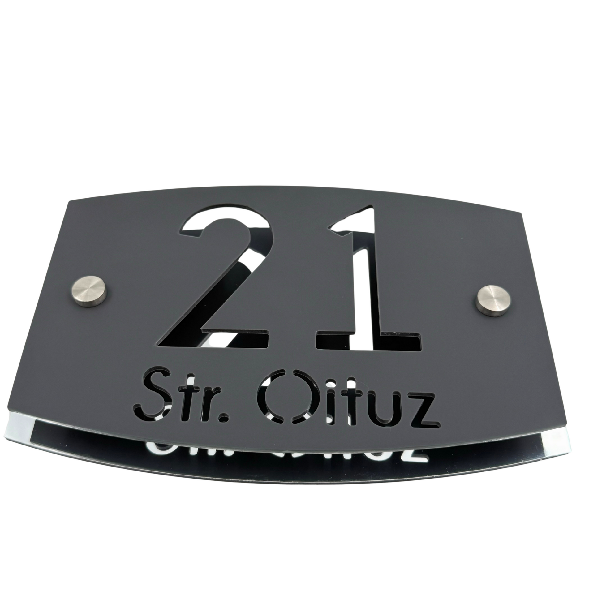 PREMIUM HOUSE NUMBER - Satin Grey Aluminium Silver Mirror 2 Spacers Silver - 20×13 cm