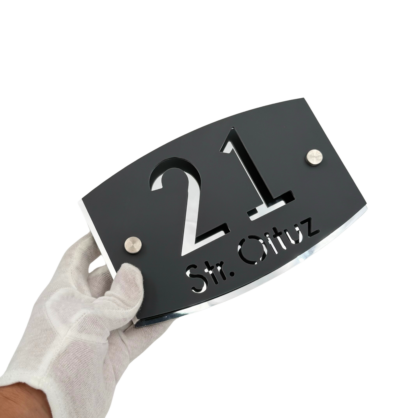 PREMIUM HOUSE NUMBER - Satin Grey Aluminium Silver Mirror 2 Spacers Silver - 20×13 cm