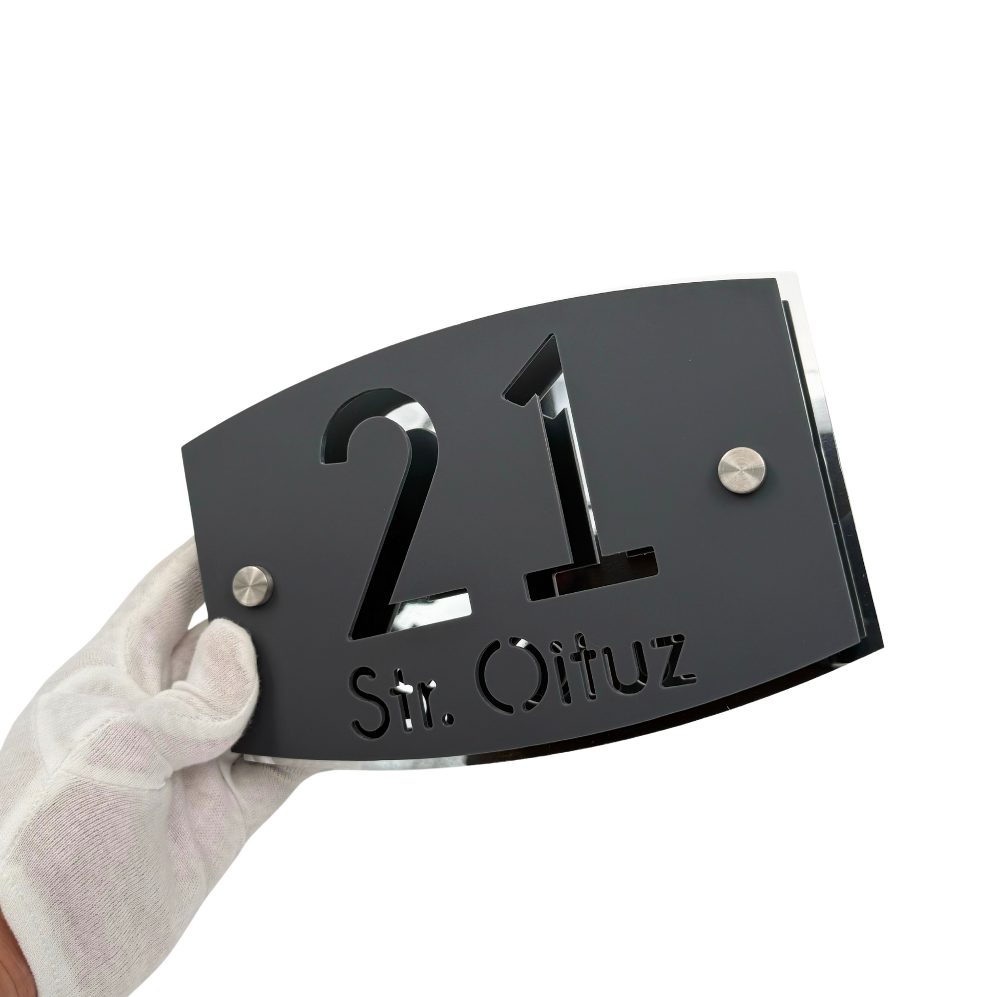 PREMIUM HOUSE NUMBER - Satin Grey Aluminium Silver Mirror 2 Spacers Silver - 20×13 cm
