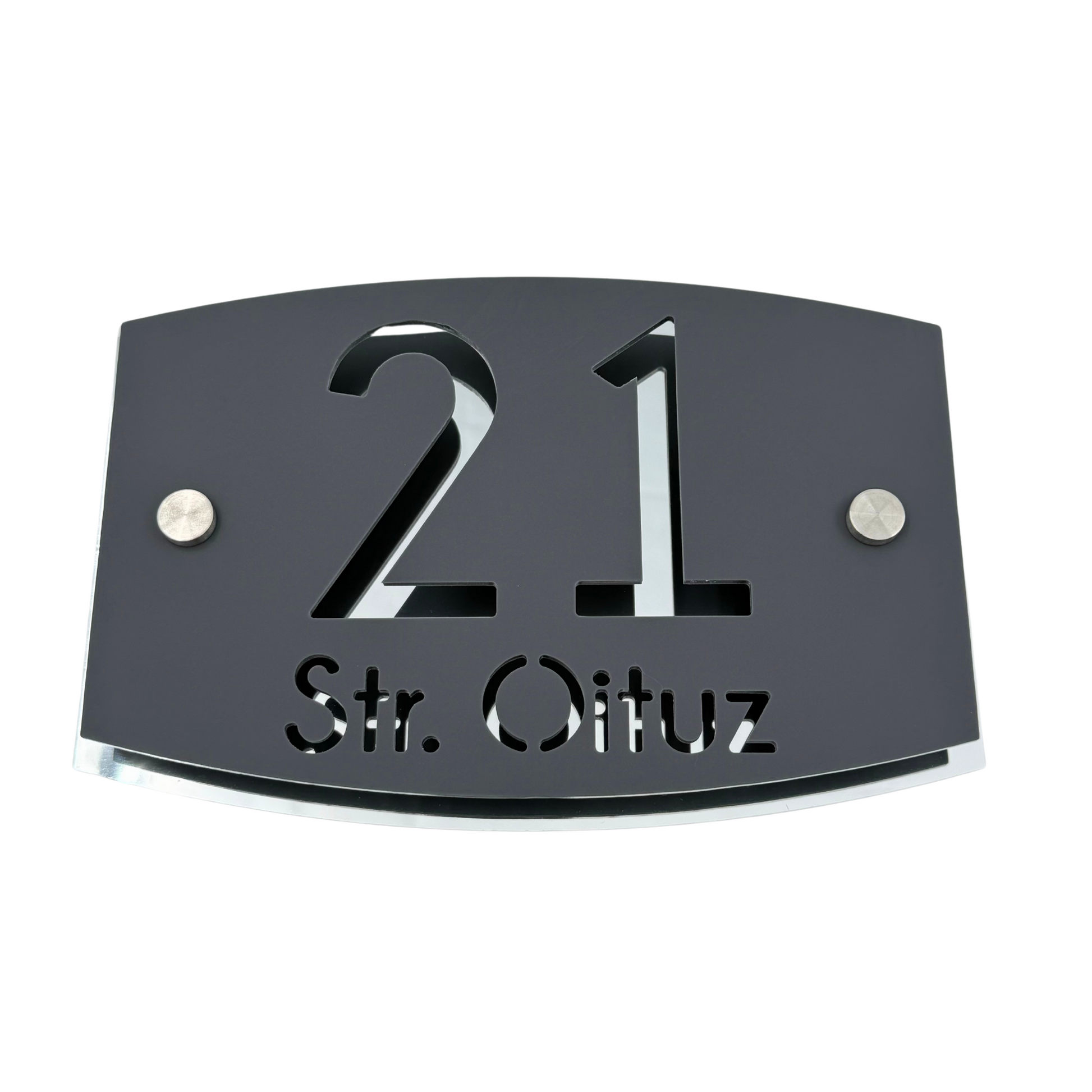 PREMIUM HOUSE NUMBER - Satin Grey Aluminium Silver Mirror 2 Spacers Silver - 20×13 cm