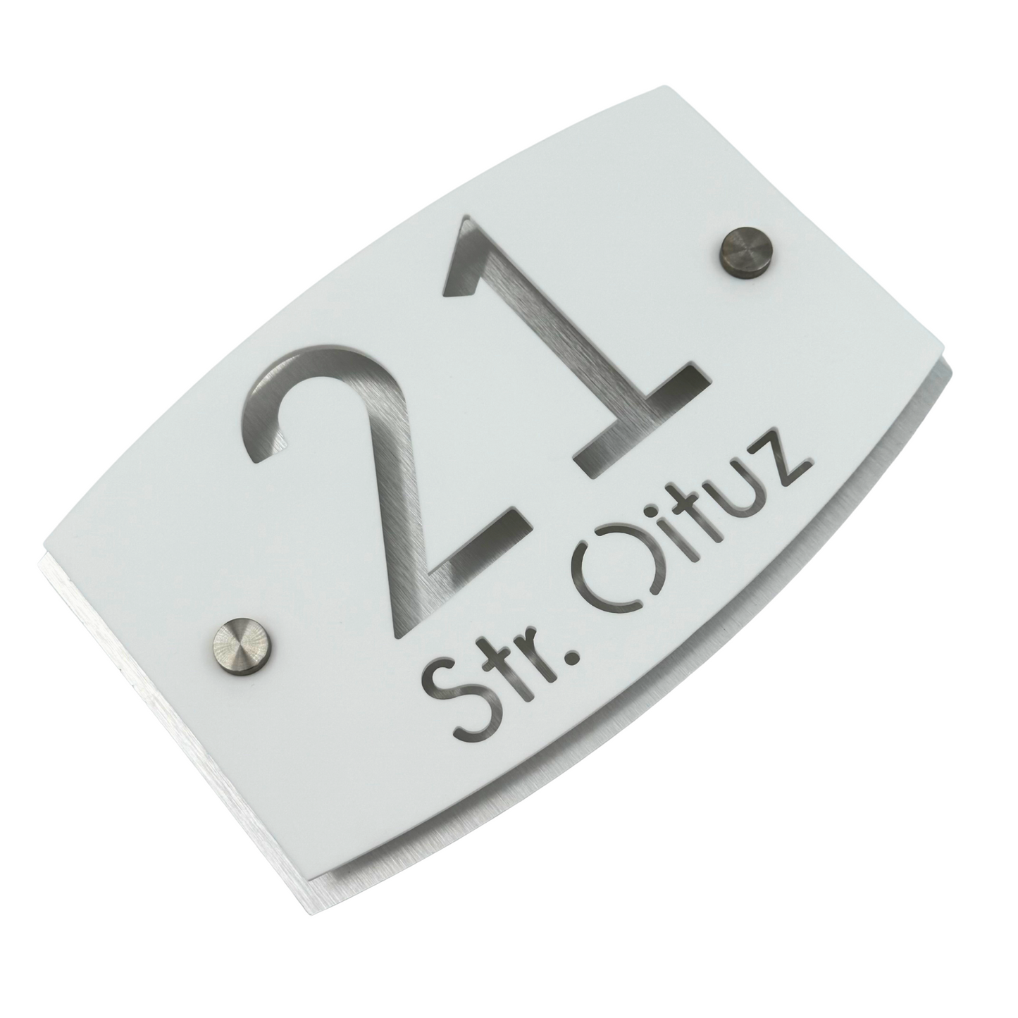 PREMIUM HOUSE NUMBER - White Satin Aluminium Pearly 2 Spacers Silver - 20×13 cm