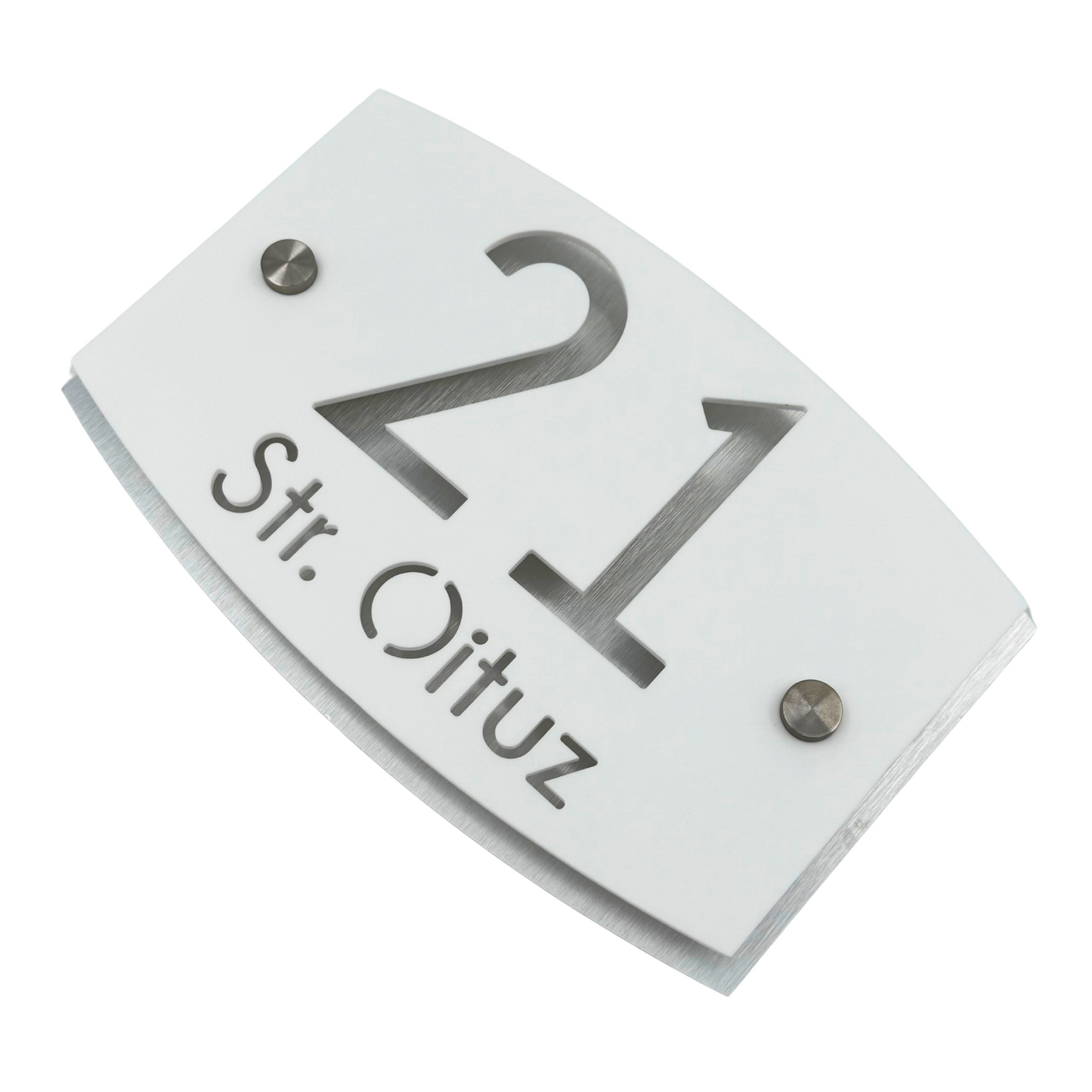 PREMIUM HOUSE NUMBER - White Satin Aluminium Pearly 2 Spacers Silver - 20×13 cm