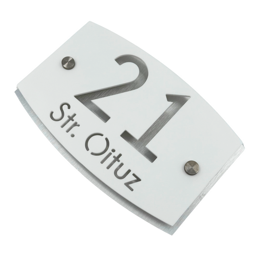 PREMIUM HOUSE NUMBER - White Satin Aluminium Pearly 2 Spacers Silver - 20×13 cm