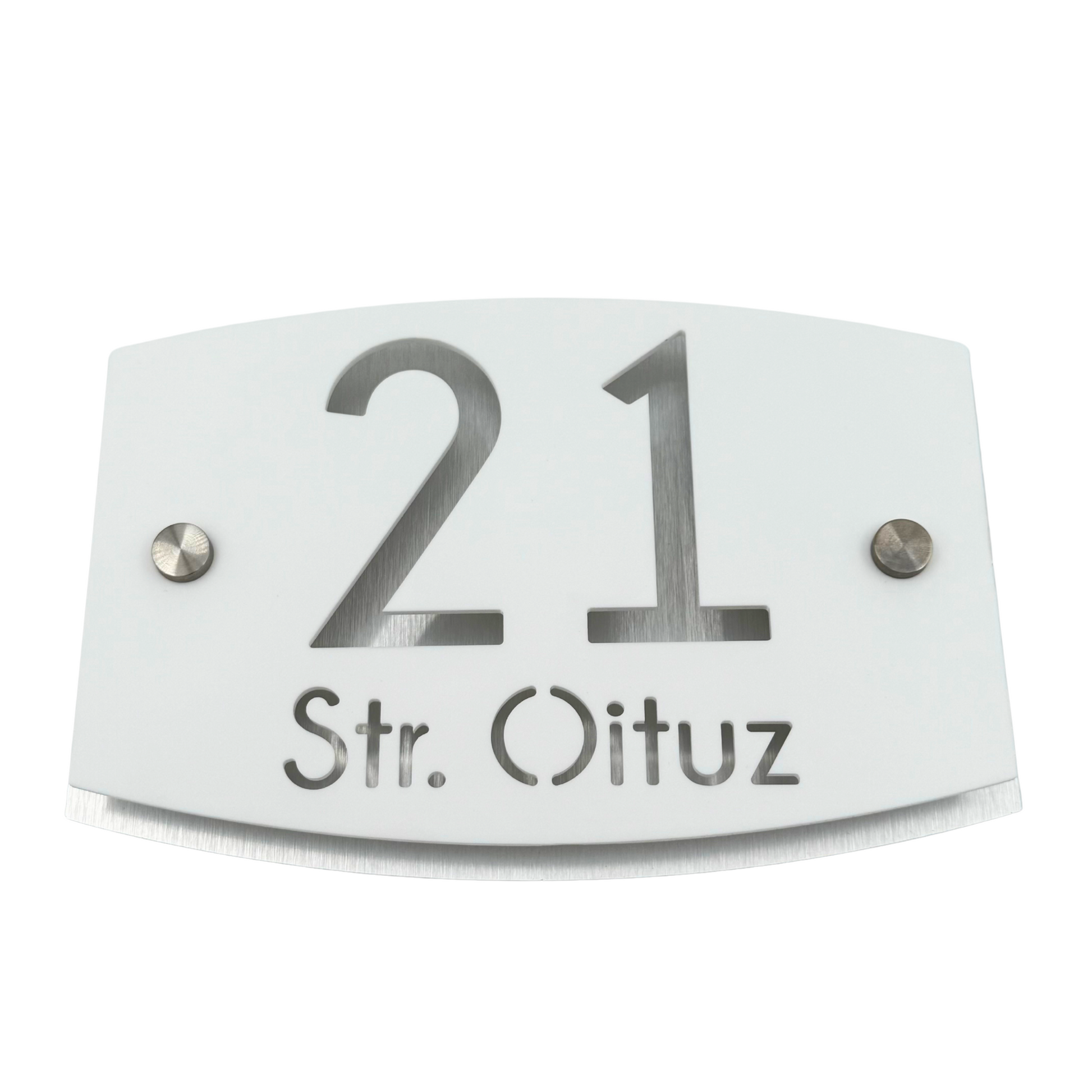 PREMIUM HOUSE NUMBER - White Satin Aluminium Pearly 2 Spacers Silver - 20×13 cm