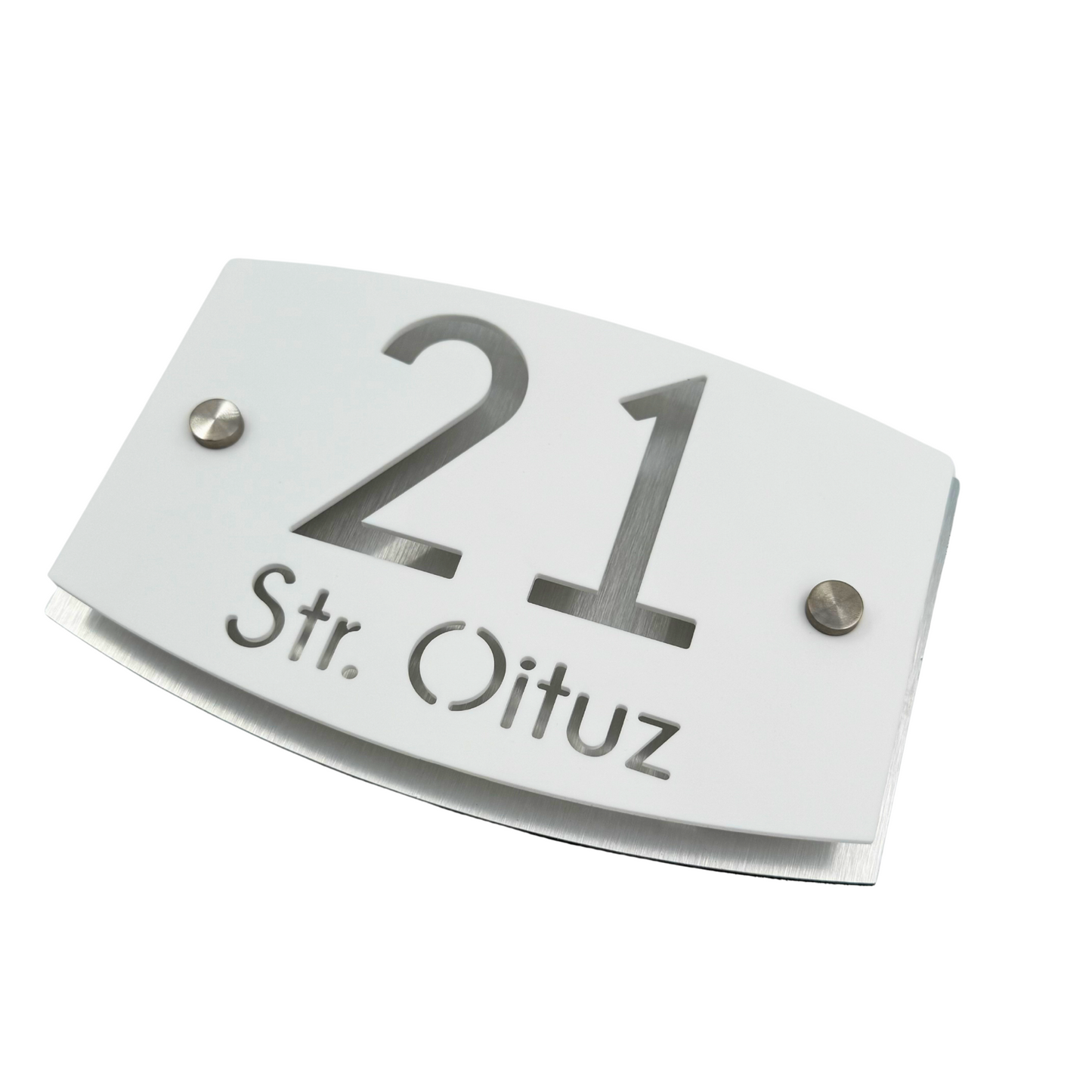 PREMIUM HOUSE NUMBER - White Satin Aluminium Pearly 2 Spacers Silver - 20×13 cm