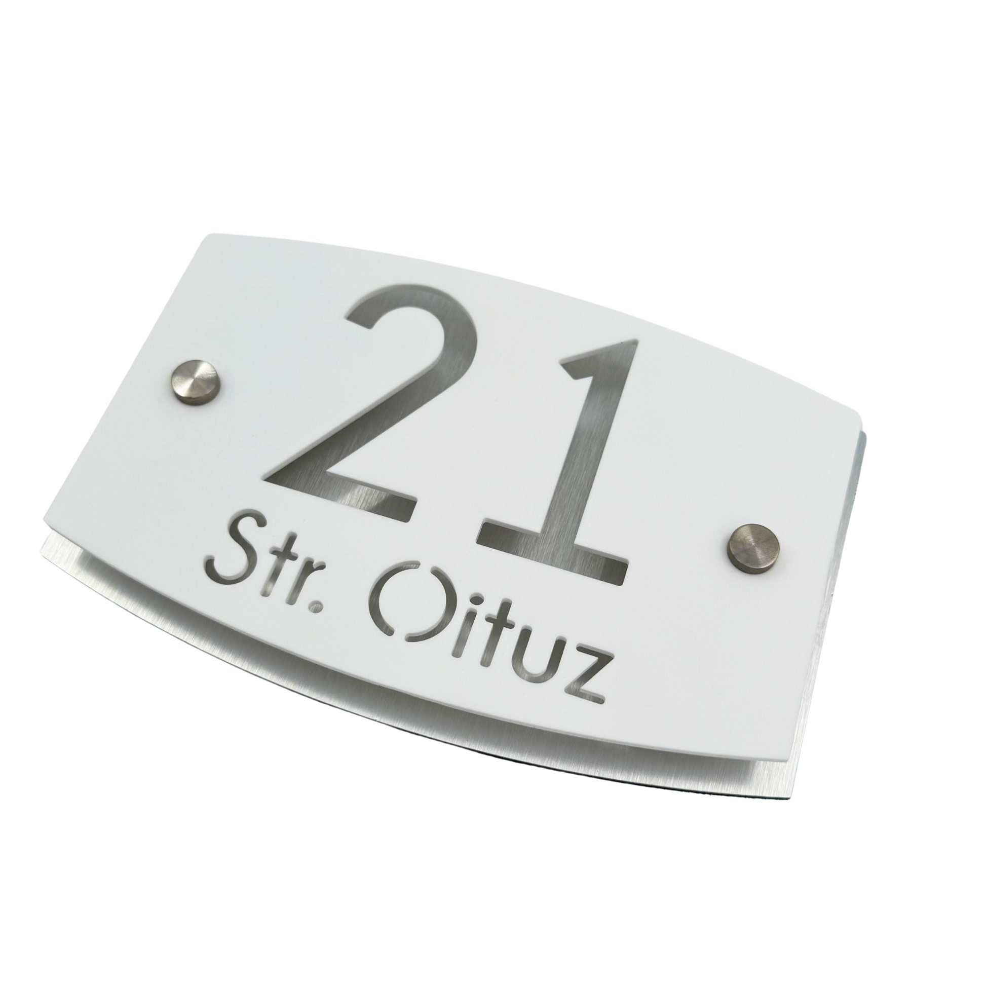 PREMIUM HOUSE NUMBER - White Satin Aluminium Pearly 2 Spacers Silver - 20×13 cm