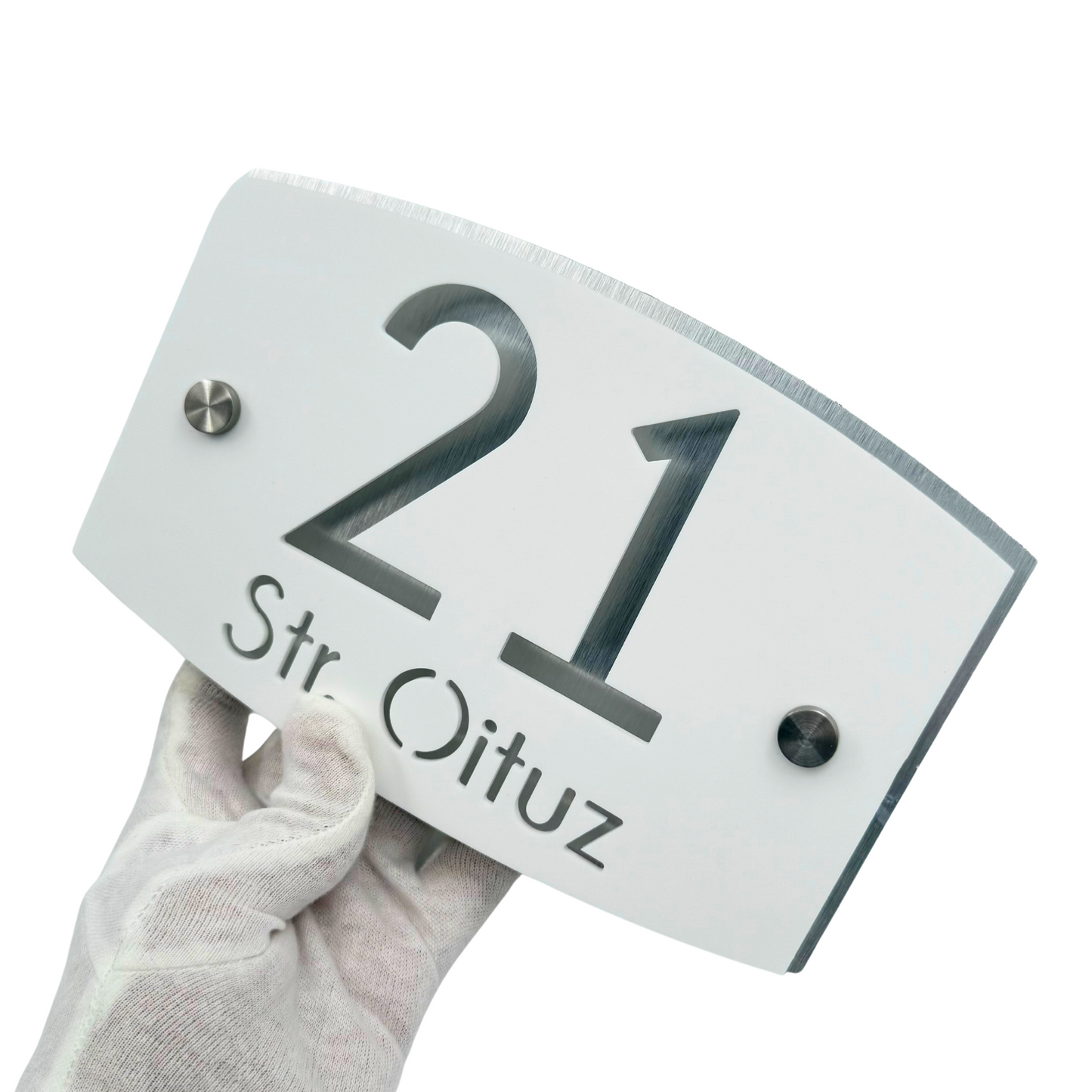 PREMIUM HOUSE NUMBER - White Satin Aluminium Pearly 2 Spacers Silver - 20×13 cm