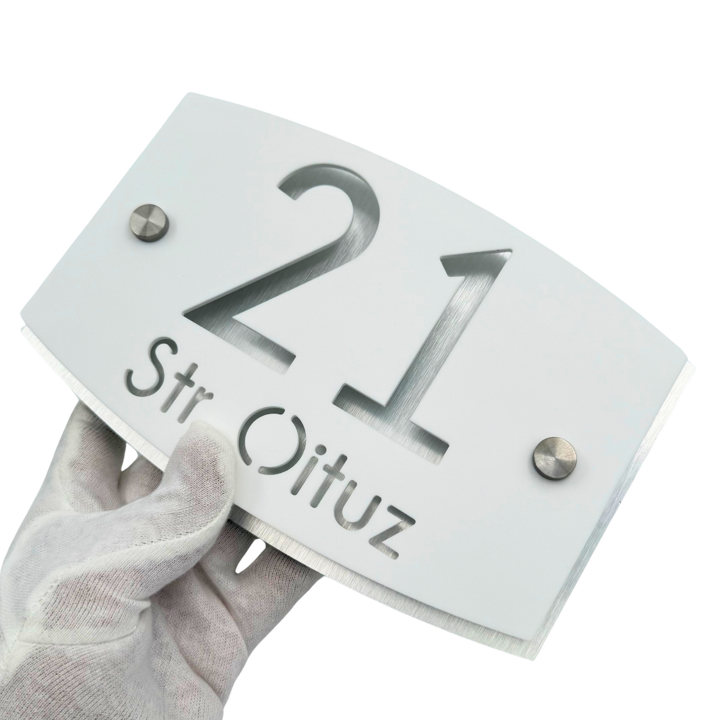 PREMIUM HOUSE NUMBER - White Satin Aluminium Pearly 2 Spacers Silver - 20×13 cm