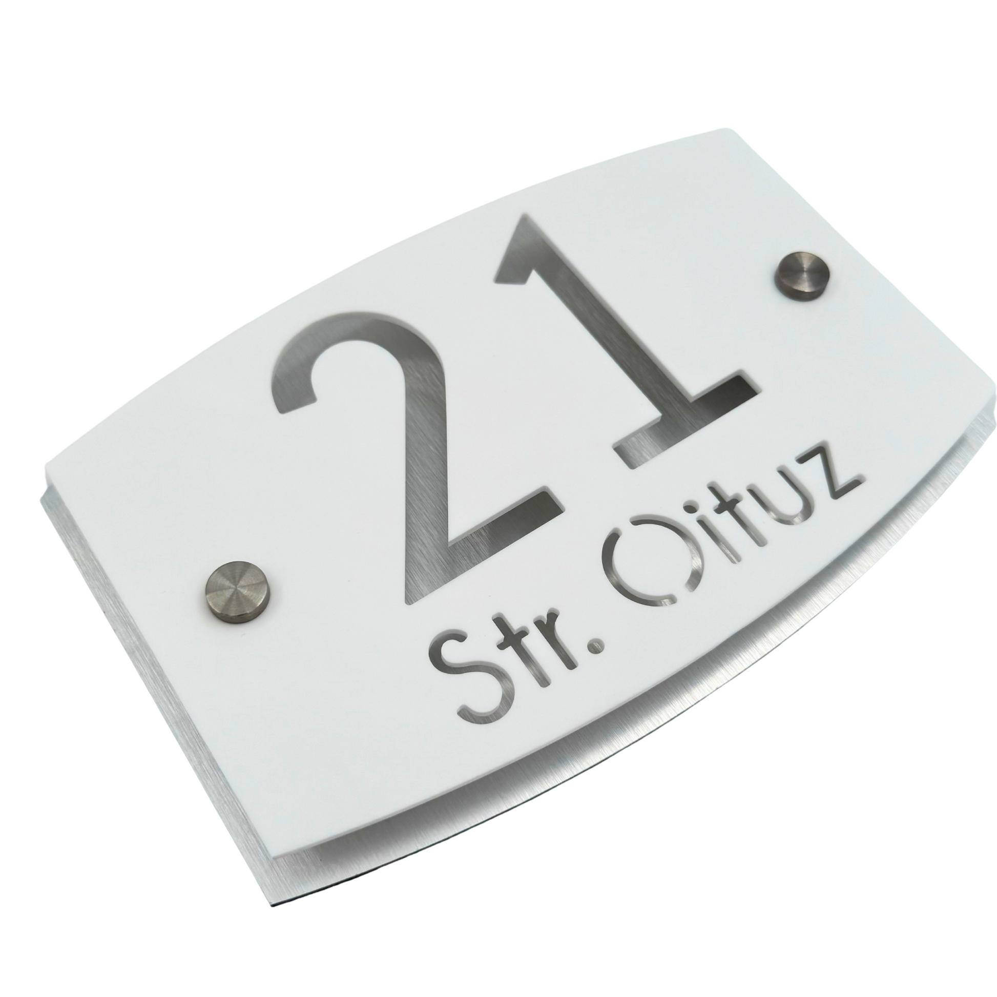 PREMIUM HOUSE NUMBER - White Satin Aluminium Pearly 2 Spacers Silver - 20×13 cm