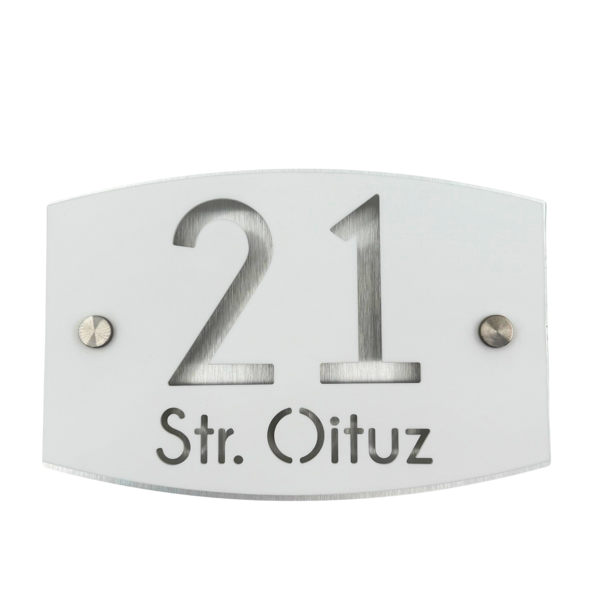 PREMIUM HOUSE NUMBER - White Satin Aluminium Pearly 2 Spacers Silver - 20×13 cm