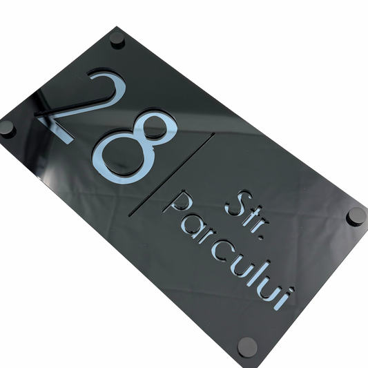 PREMIUM HOUSE NUMBER - Glossy Black Anthracite Grey Mirror 4 Spacers NeGreyi - 28×15 cm
