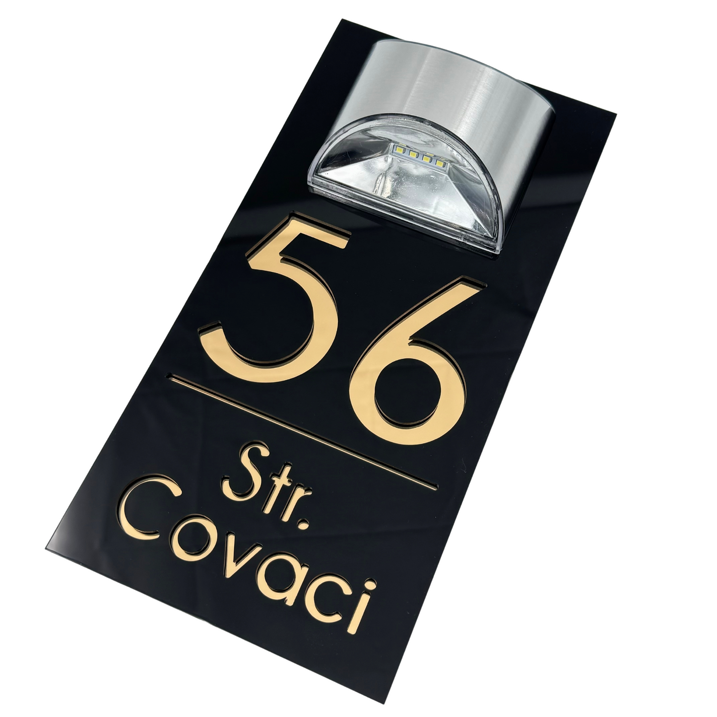 PREMIUM HOUSE NUMBER - Glossy Black Gold Mirror Lampa Solara - 30×15 cm