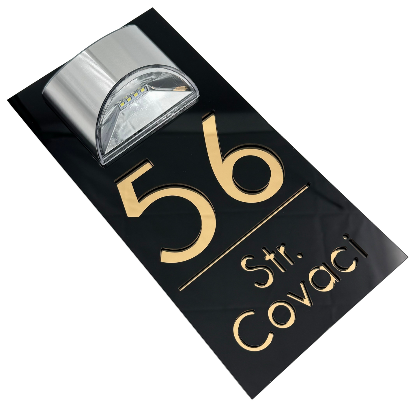 PREMIUM HOUSE NUMBER - Glossy Black Gold Mirror Lampa Solara - 30×15 cm