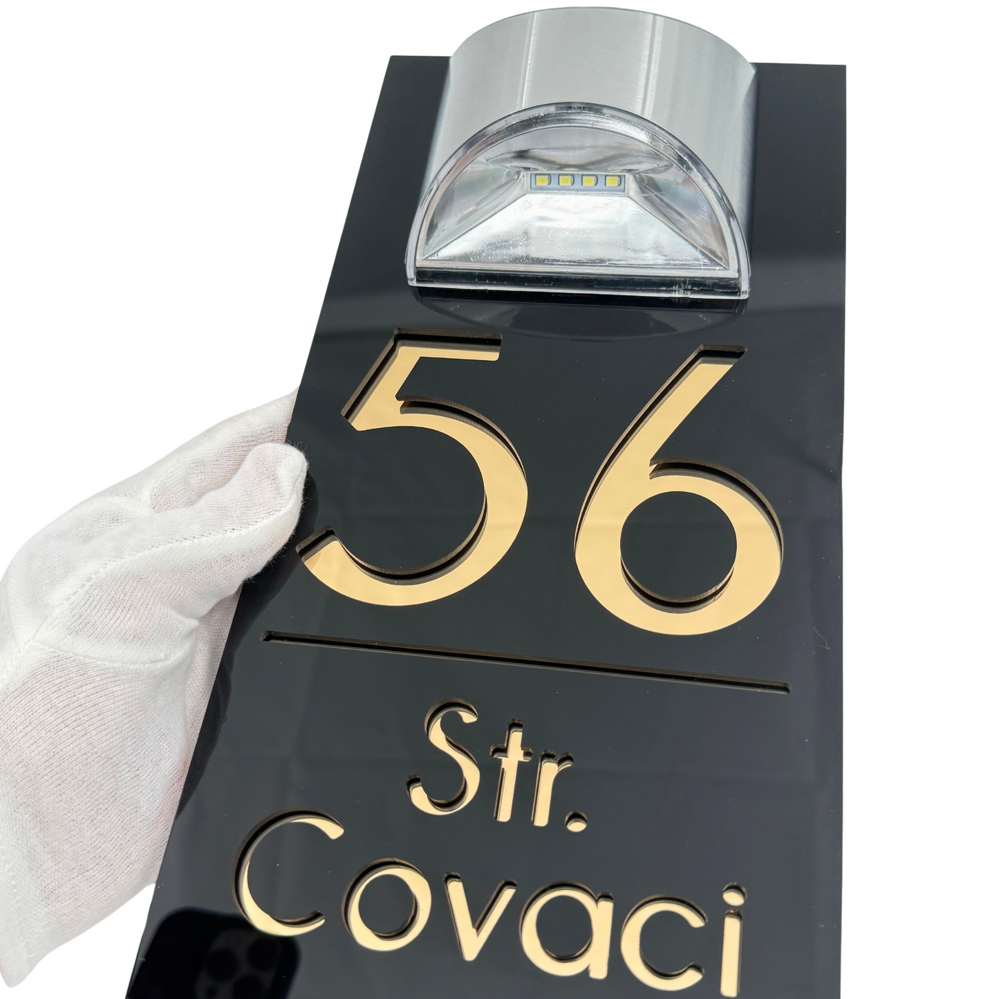 PREMIUM HOUSE NUMBER - Glossy Black Gold Mirror Lampa Solara - 30×15 cm
