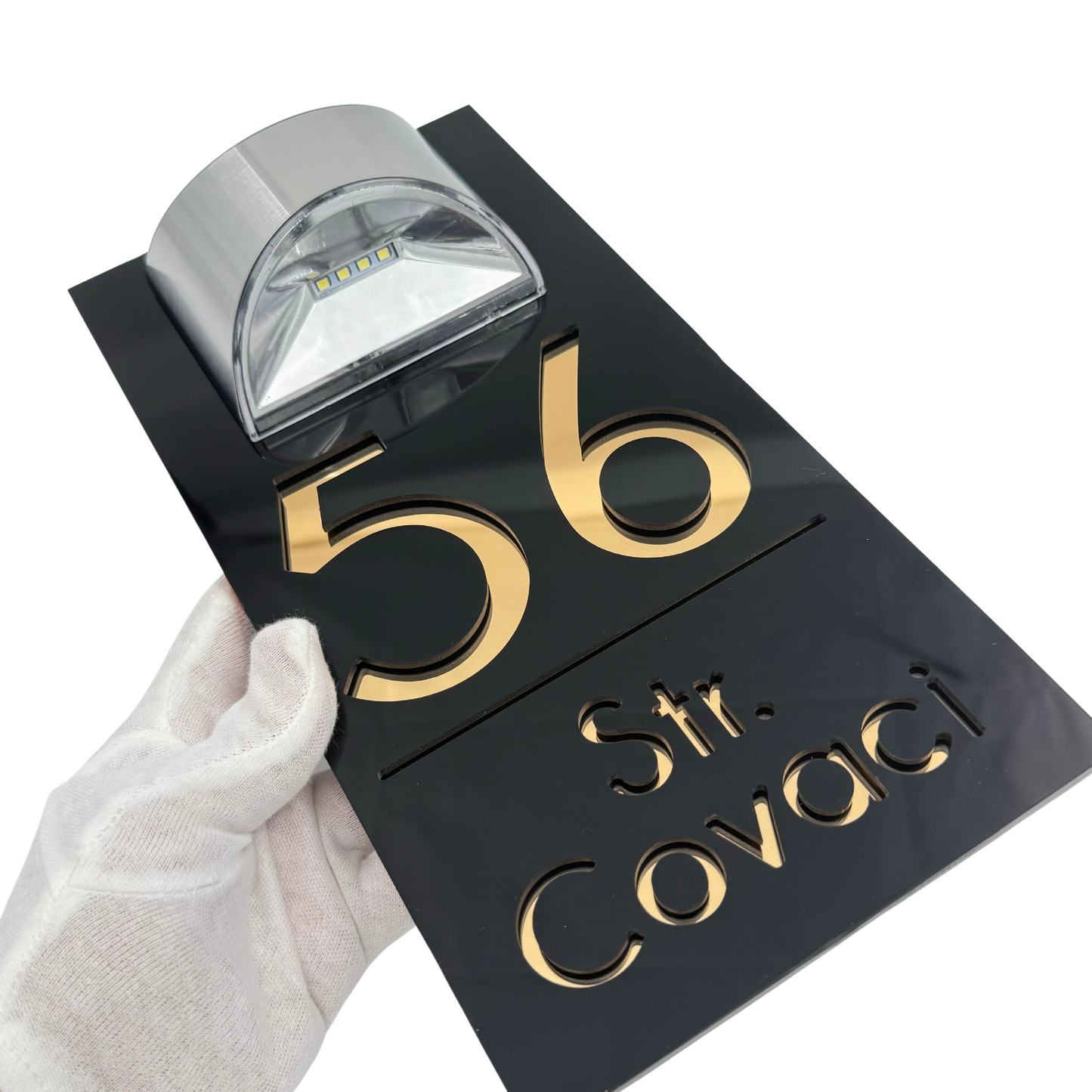 PREMIUM HOUSE NUMBER - Glossy Black Gold Mirror Lampa Solara - 30×15 cm