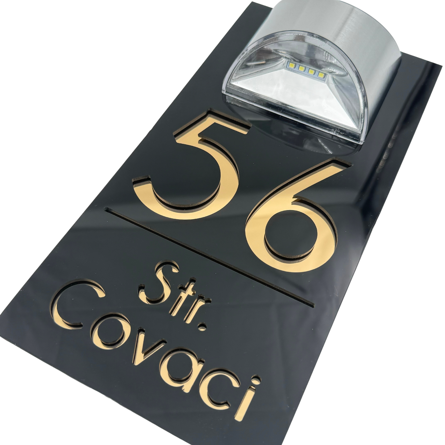 PREMIUM HOUSE NUMBER - Glossy Black Gold Mirror Lampa Solara - 30×15 cm
